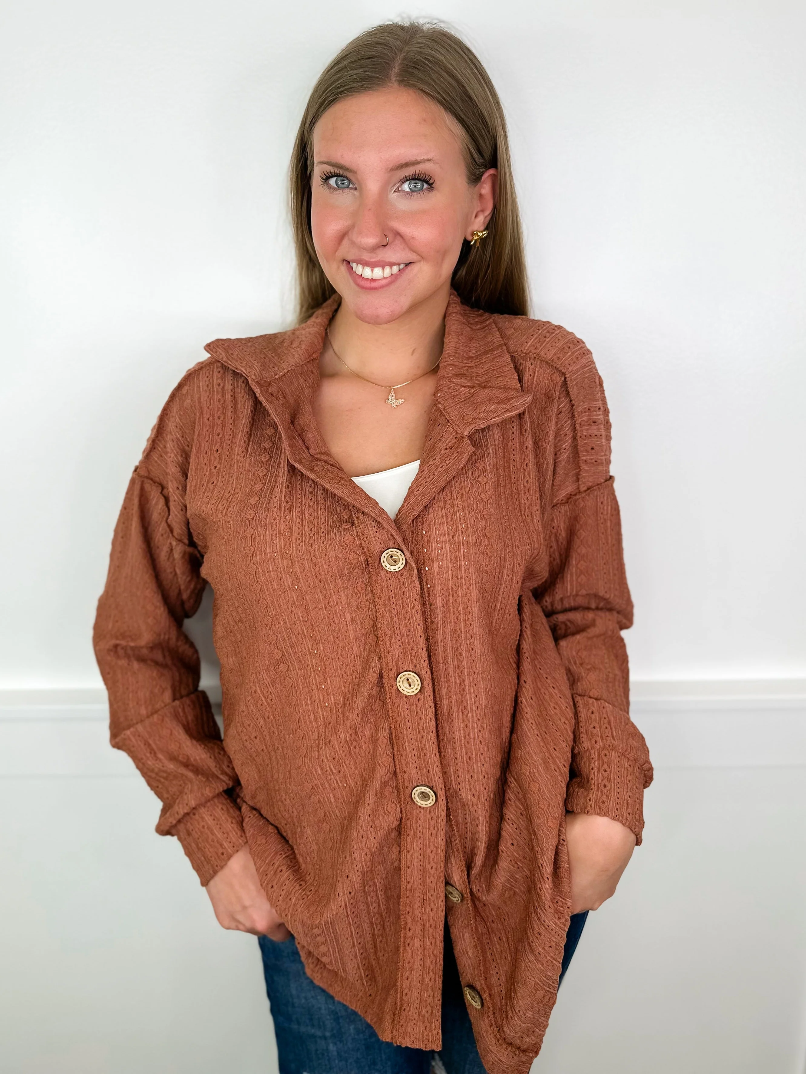 After it All Long Sleeve Clay Avery Mae Button Up Top