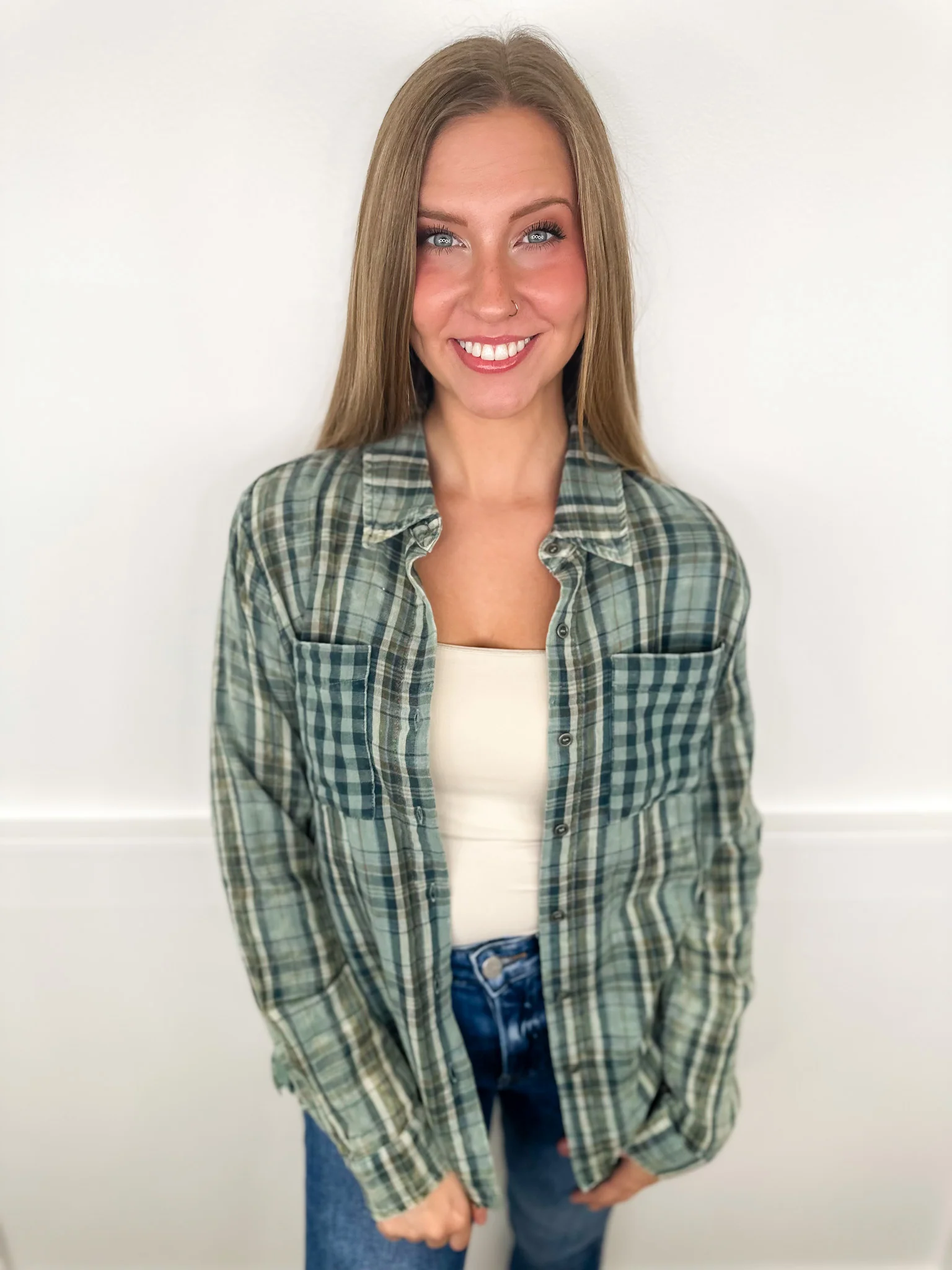 All About it Cotton Long Sleeve Green Avery Mae Button Up Top
