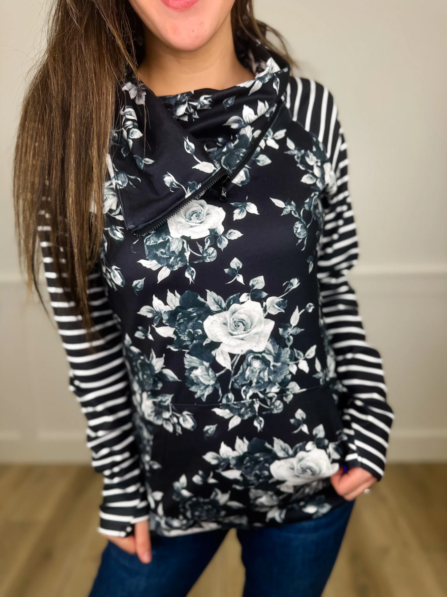 Always Ready Cotton Blend Long Sleeve Black Avery Mae Cowl Neck Sweatshirt