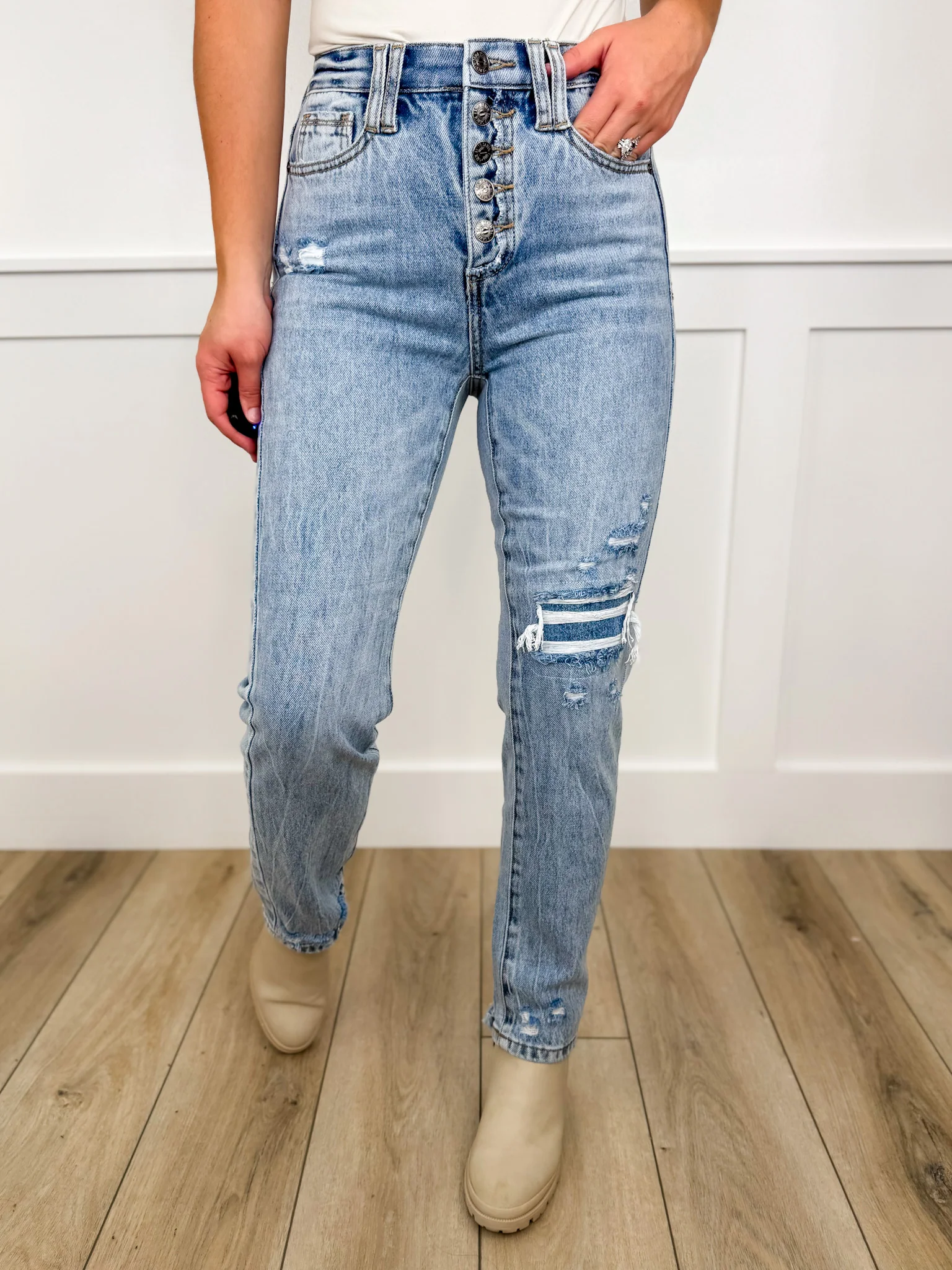 Saige Amanda Tummy Control Slim Straight Jeans - Medium Wash (Rigid, Button Fly, Distressed)