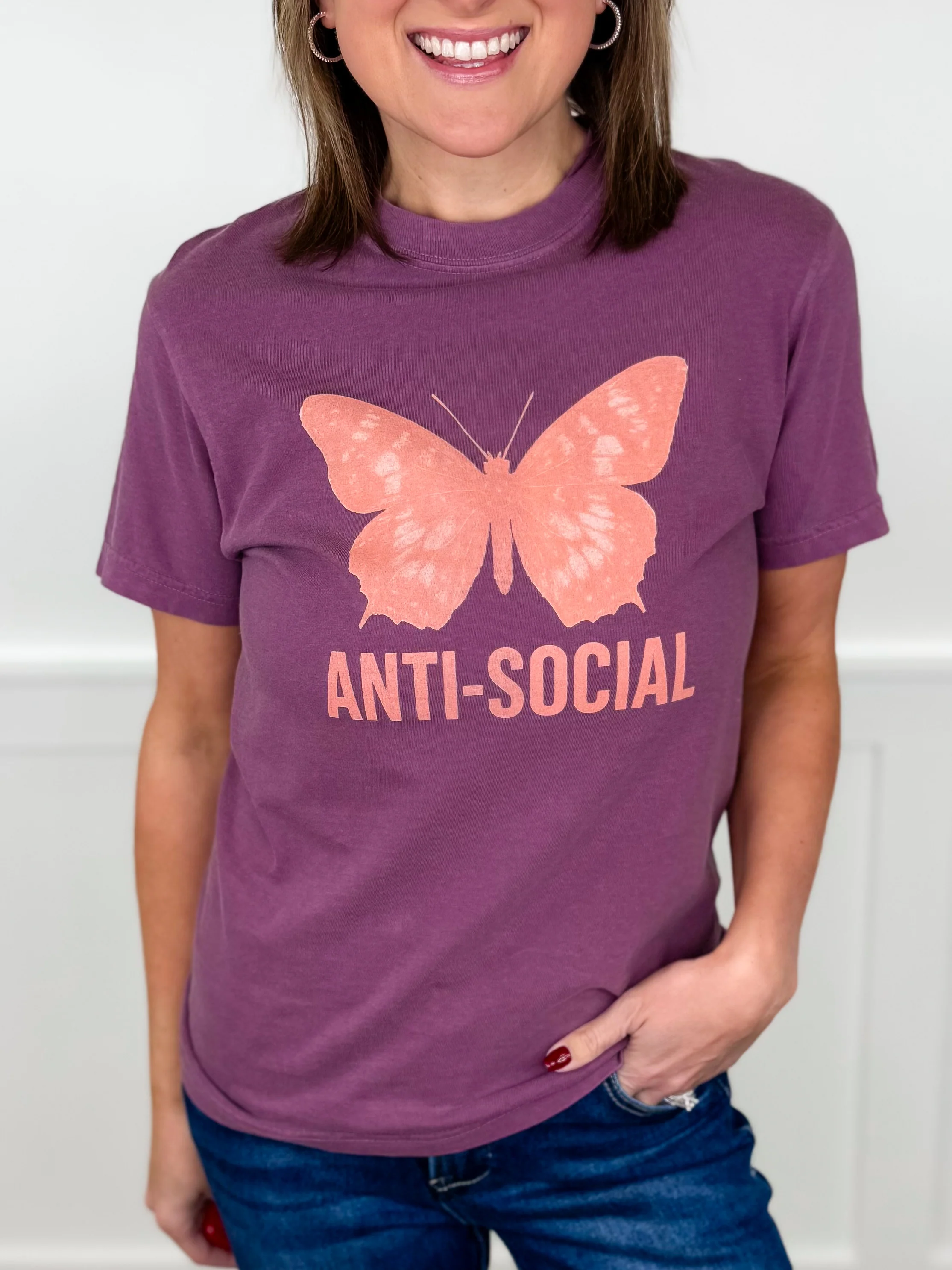 Anti Social Butterfly Cotton Short Sleeve Purple Avery Mae Graphic Tee Shirt (Comfort Colors)