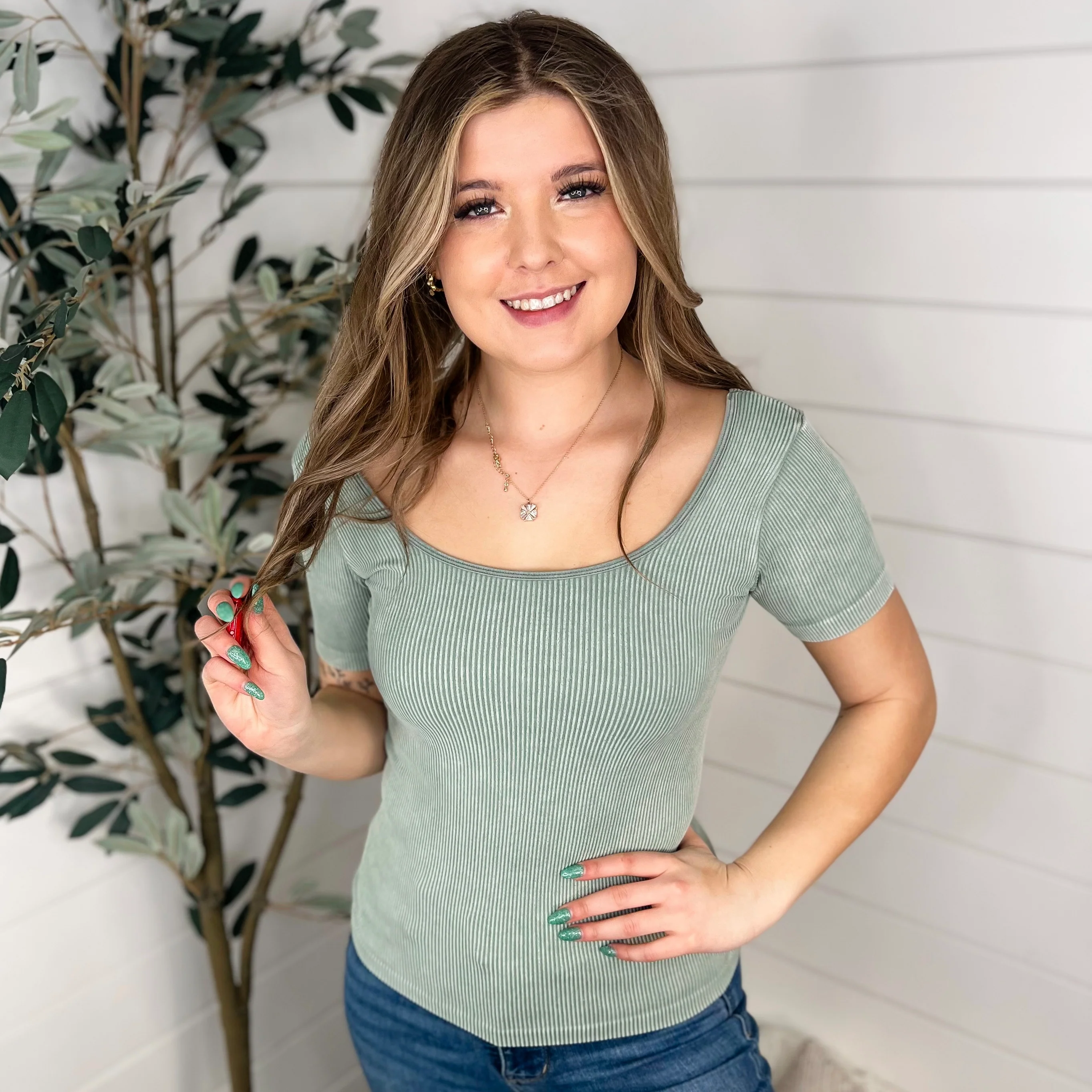 Basic Reversible Ribbed V & Scoop Neck Short Sleeve Avery Mae Top - 7 colors! - Image 6