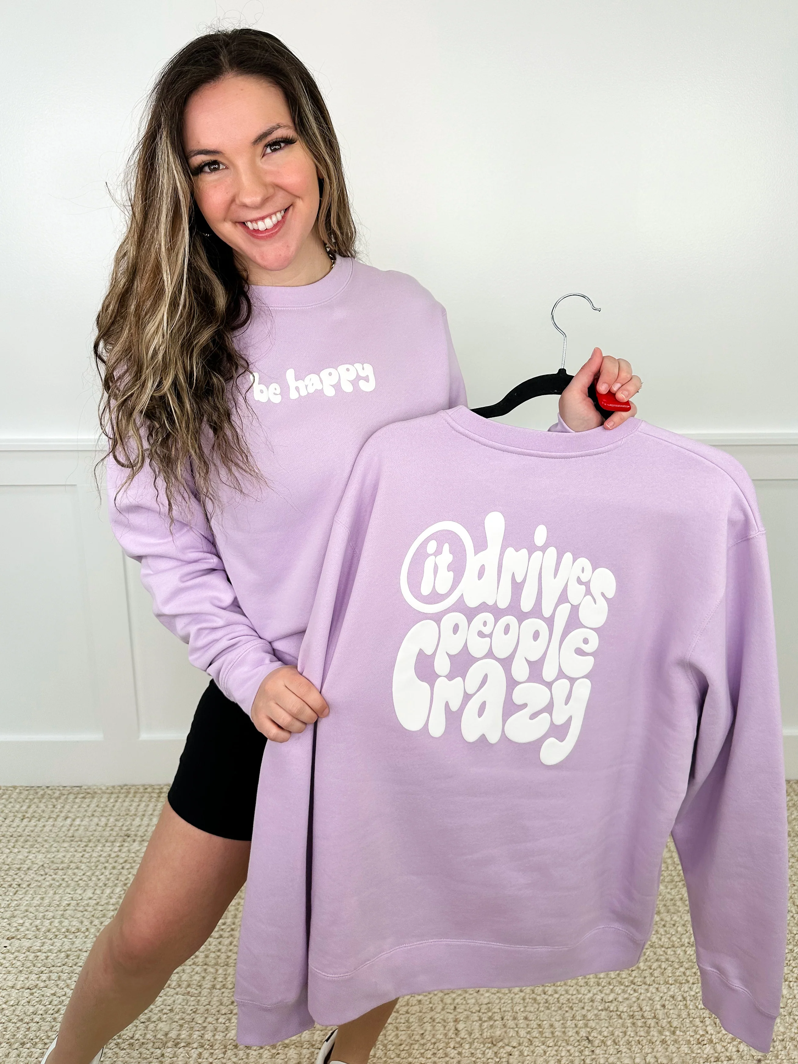 Be Happy Cotton Blend Long Sleeve Purple Avery Mae Graphic Crewneck Sweatshirt