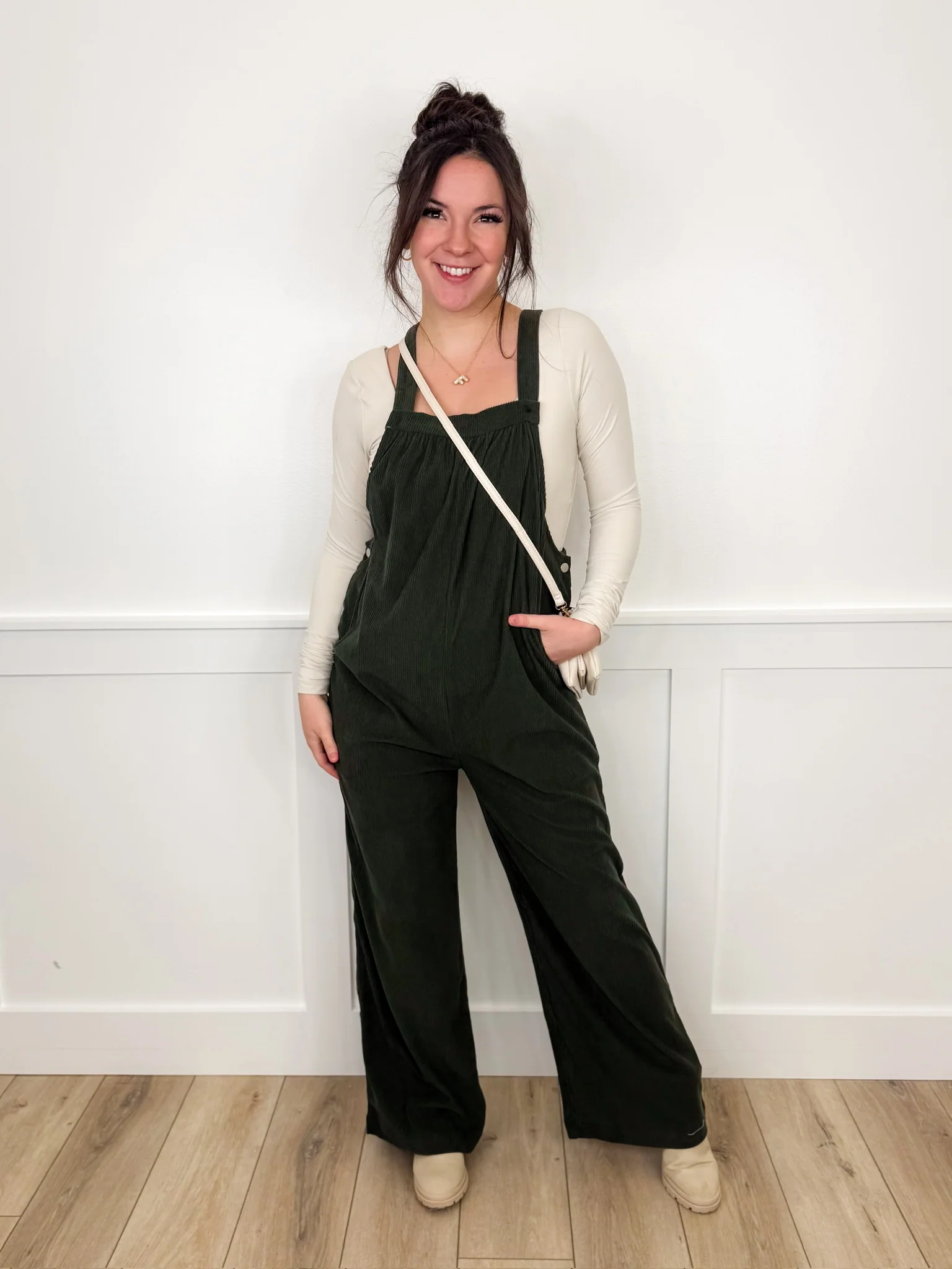 Be Unforgettable Soft Corduroy Wide Leg Green Avery Mae Overalls - Image 2