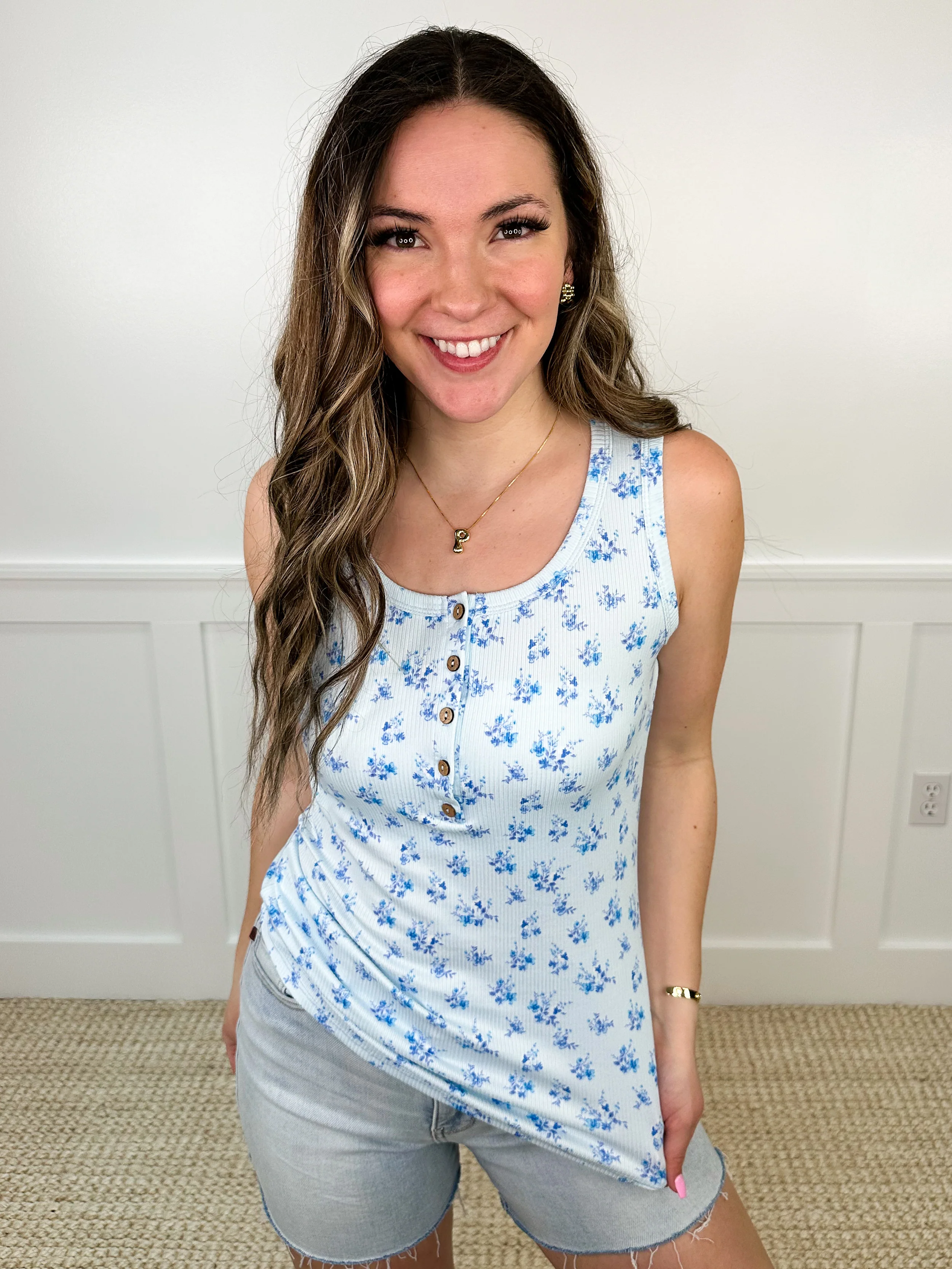 Beautiful Blooming Day Ribbed Blue Avery Mae Tank Top