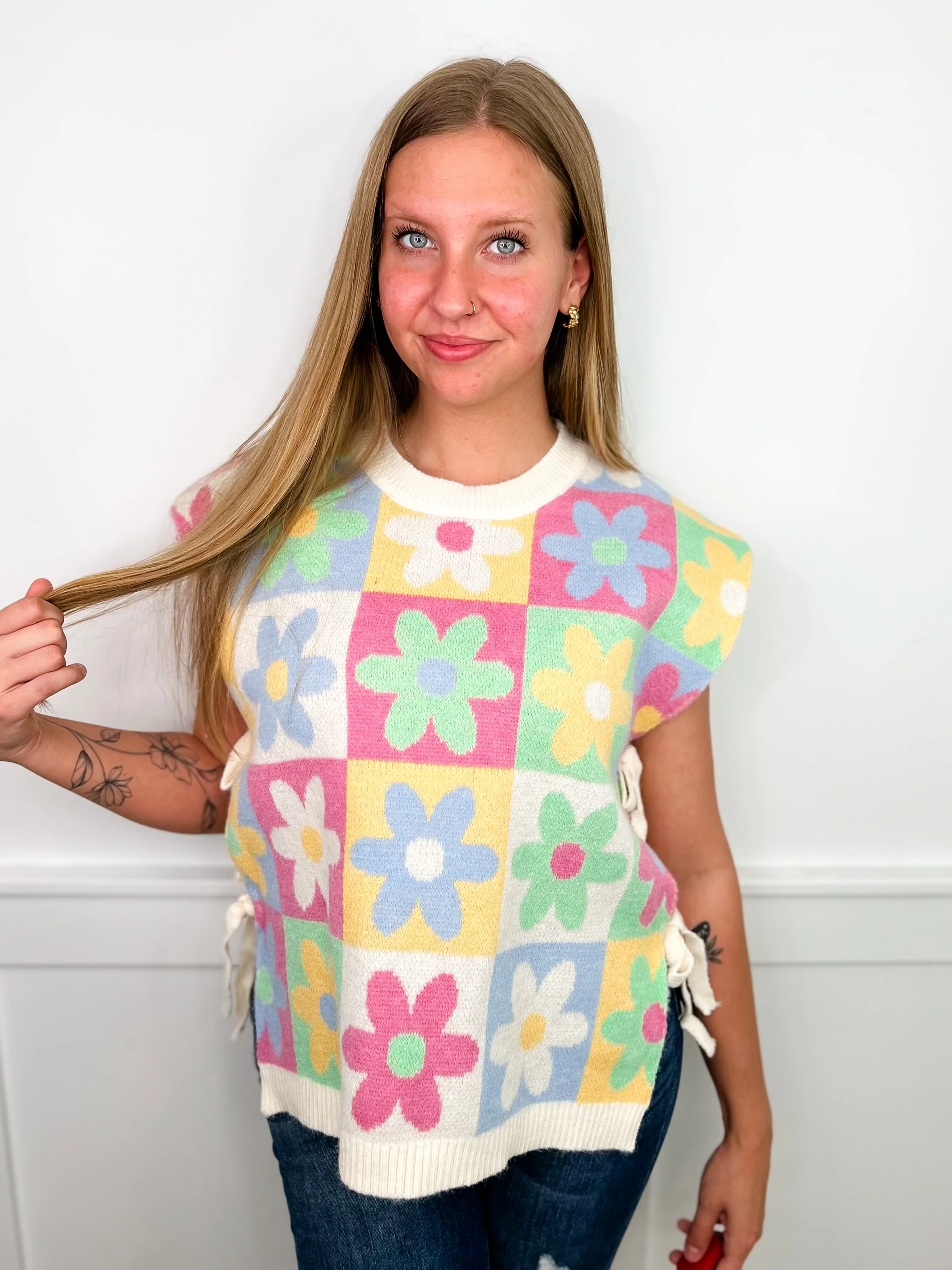 Beautiful Blooms Knit Short Sleeve Floral Avery Mae Sweater Top