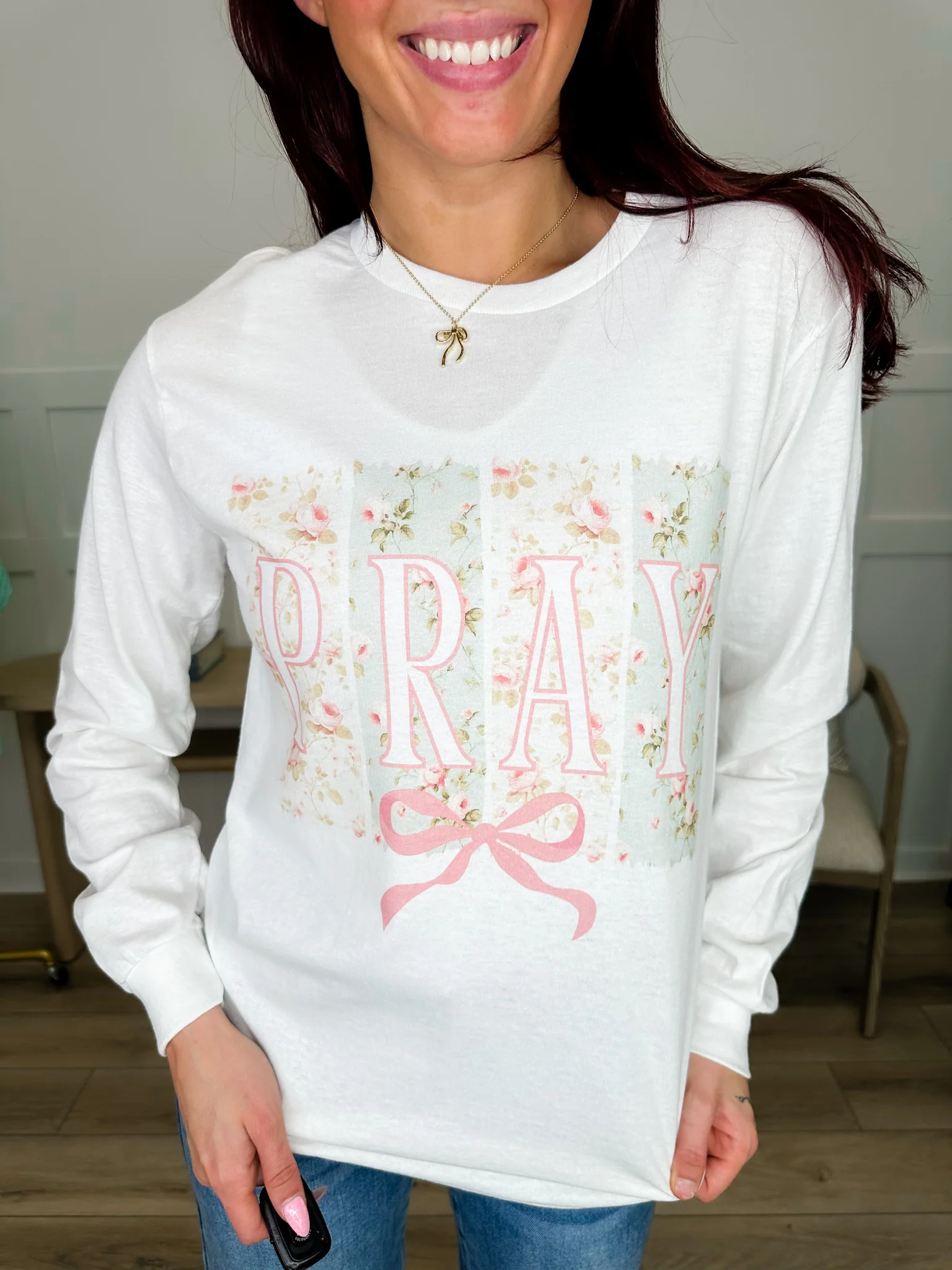 Bloom in Prayer Cotton Long Sleeve White Avery Mae Graphic Tee Shirt