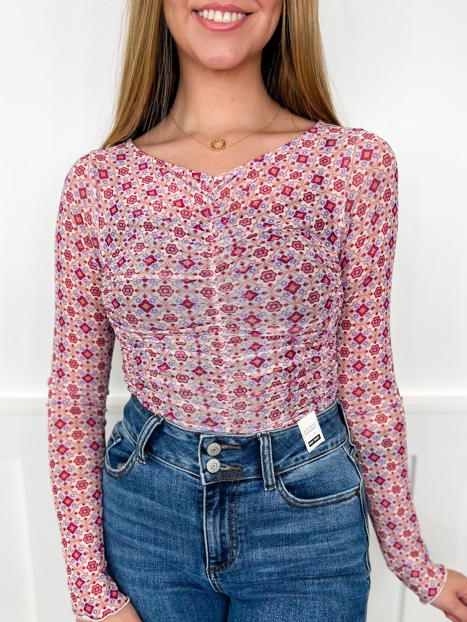 Bloom Through it Sheer Mesh Long Sleeve Ivory Avery Mae Top