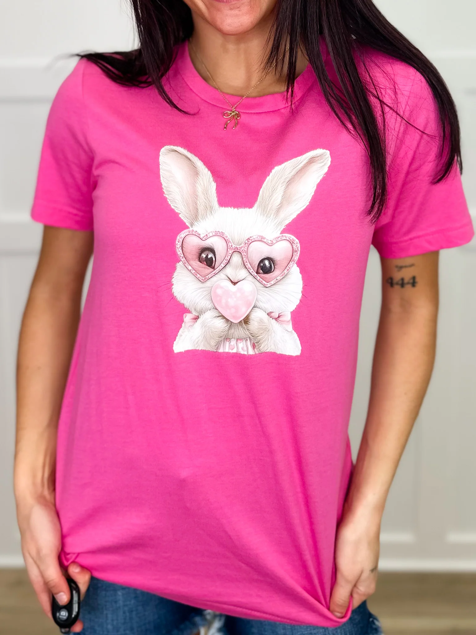 Blowin' Bunny Bubbles Cotton Short Sleeve Pink Avery Mae Graphic Tee Shirt (Bella+Canvas) - Image 2