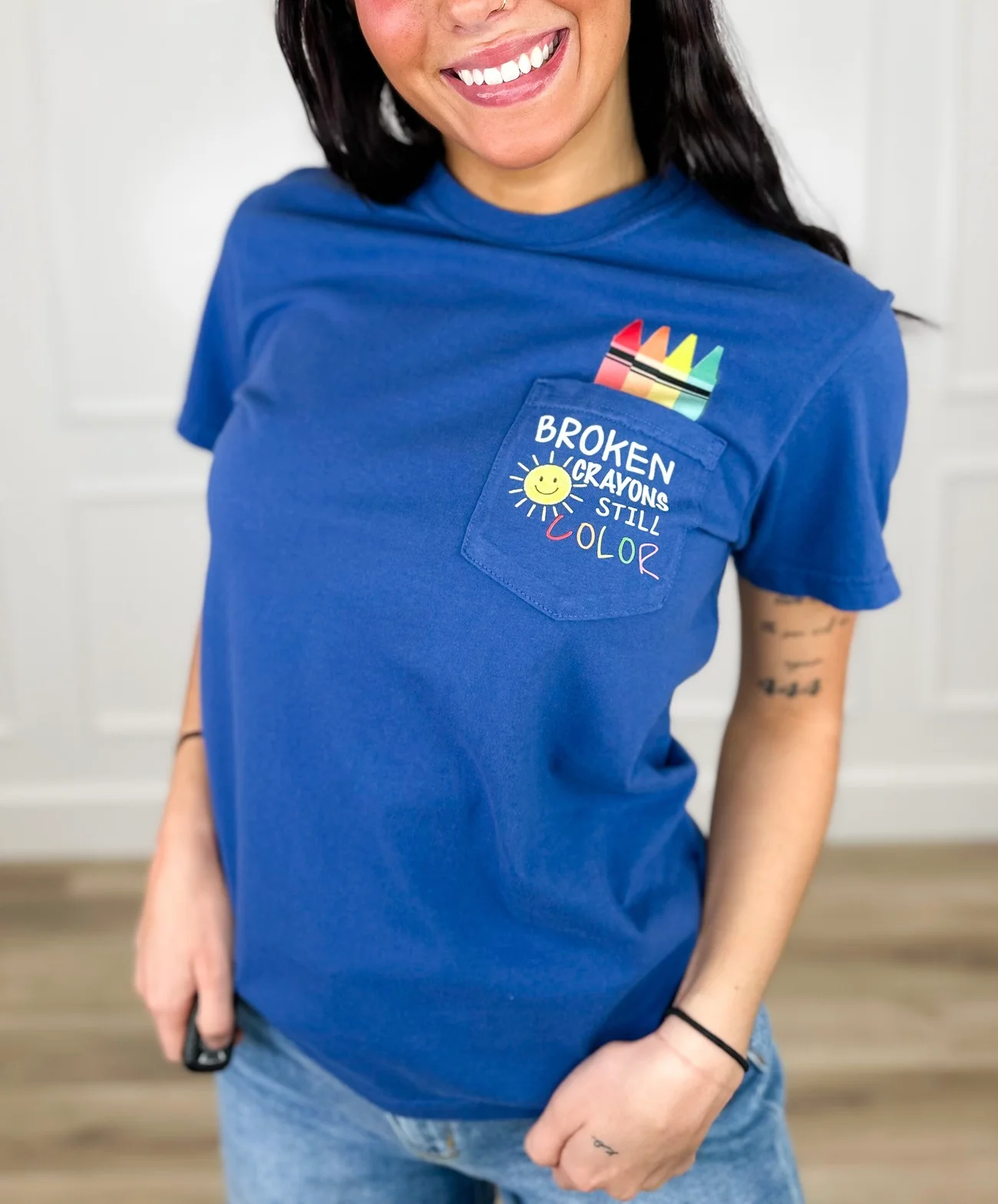 Broken Crayons Color Cotton Short Sleeve Blue Avery Mae Graphic Tee Shirt (Comfort Colors)
