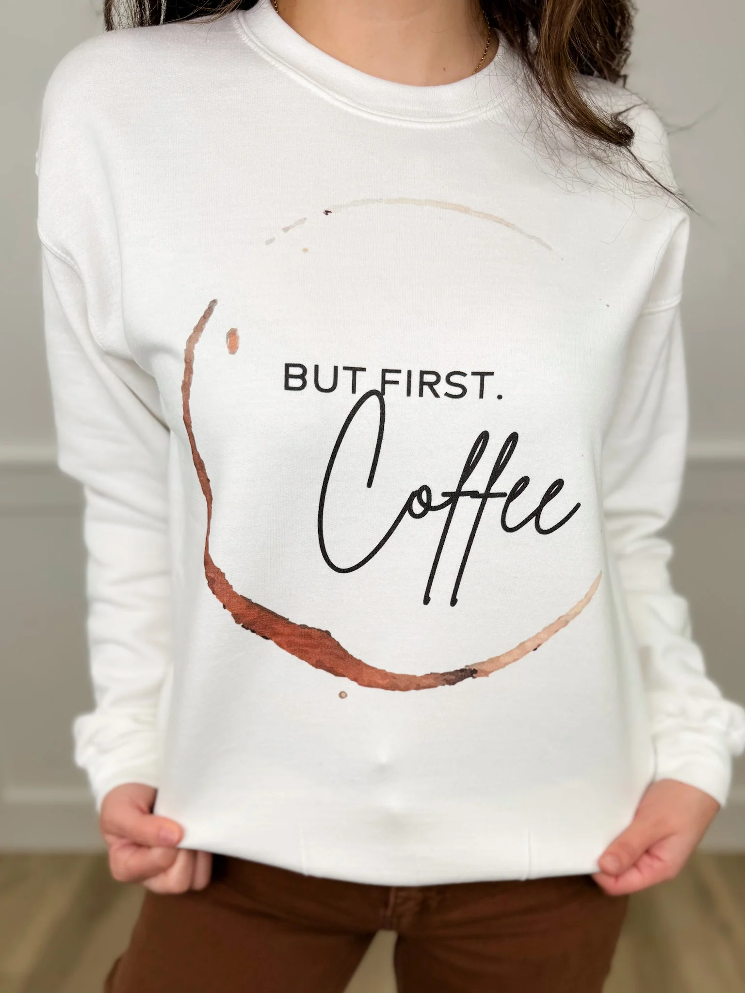 But First Coffee Cotton Blend Long Sleeve White Avery Mae Graphic Crewneck Sweatshirt (Gildan)