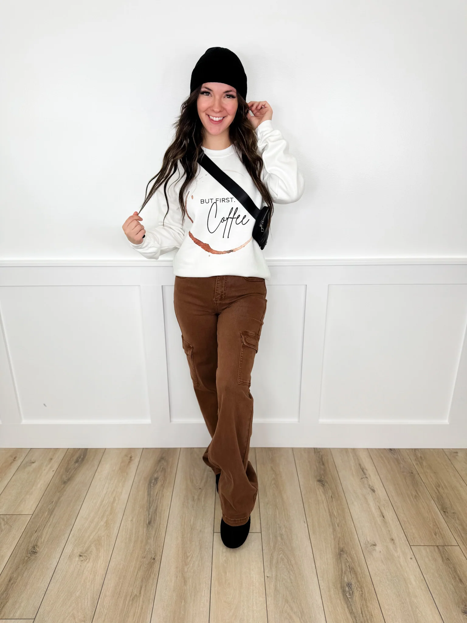 But First Coffee Cotton Blend Long Sleeve White Avery Mae Graphic Crewneck Sweatshirt (Gildan) - Image 2