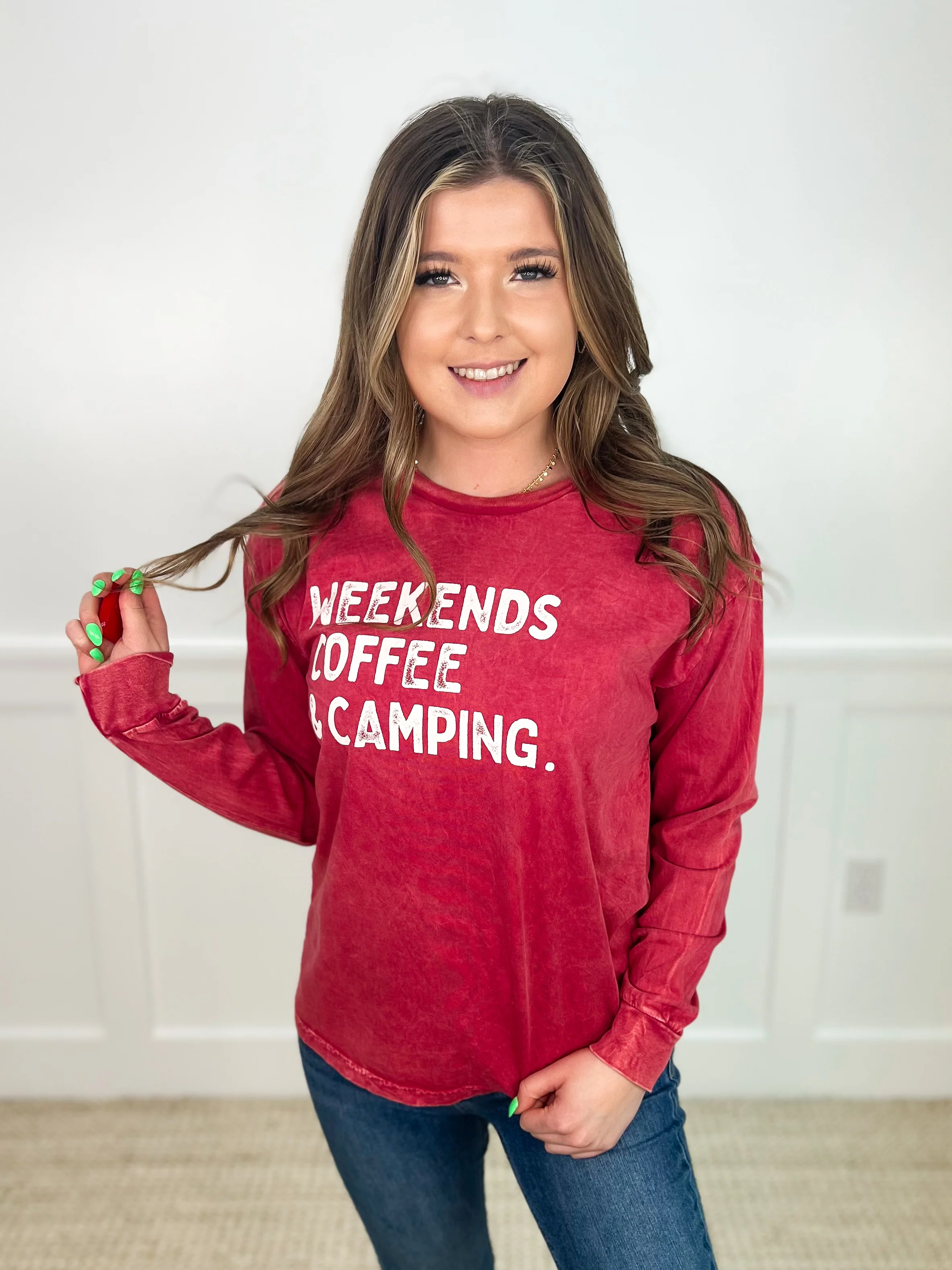 Camping & Coffee Cotton Long Sleeve Avery Mae Graphic Tee Shirt - 2 colors! - Image 2
