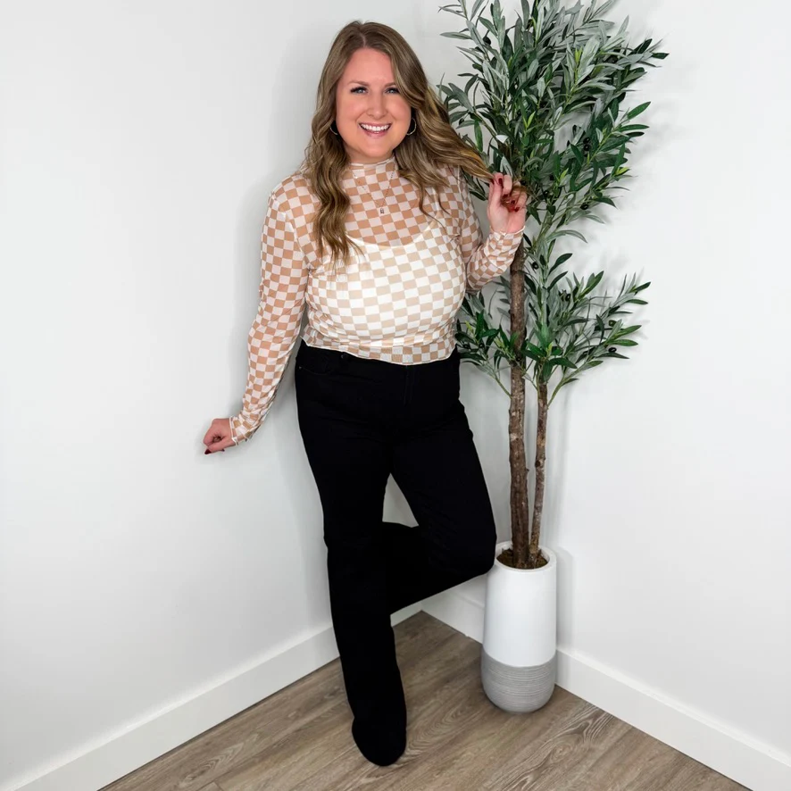 Can I Help You Sheef Mesh Long Sleeve Brown Avery Mae Cropped Top - 2 piece set! - Image 3