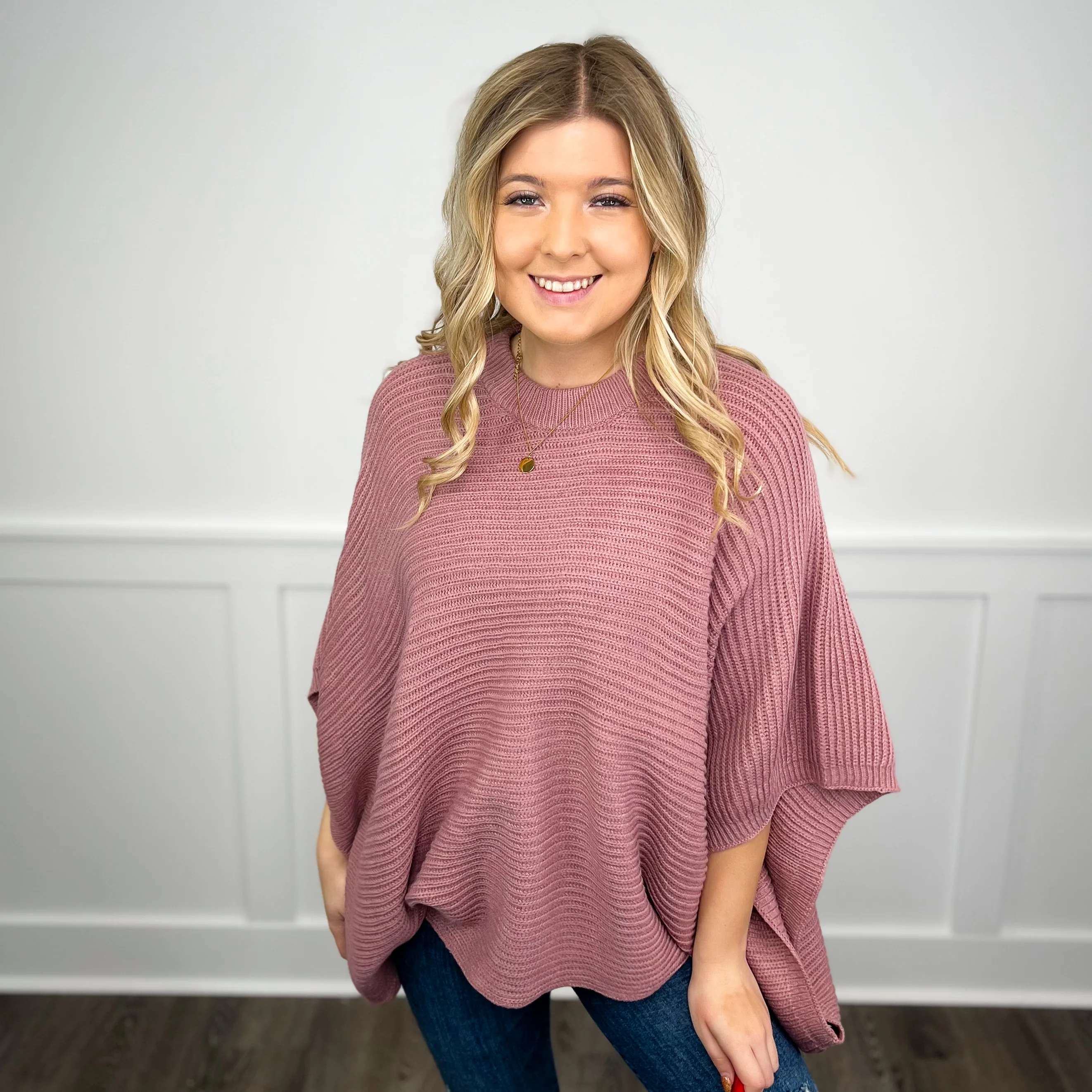 Can't Be Bothered Knit 3/4 Sleeve Avery Mae Poncho Top - 4 colors! - Image 2