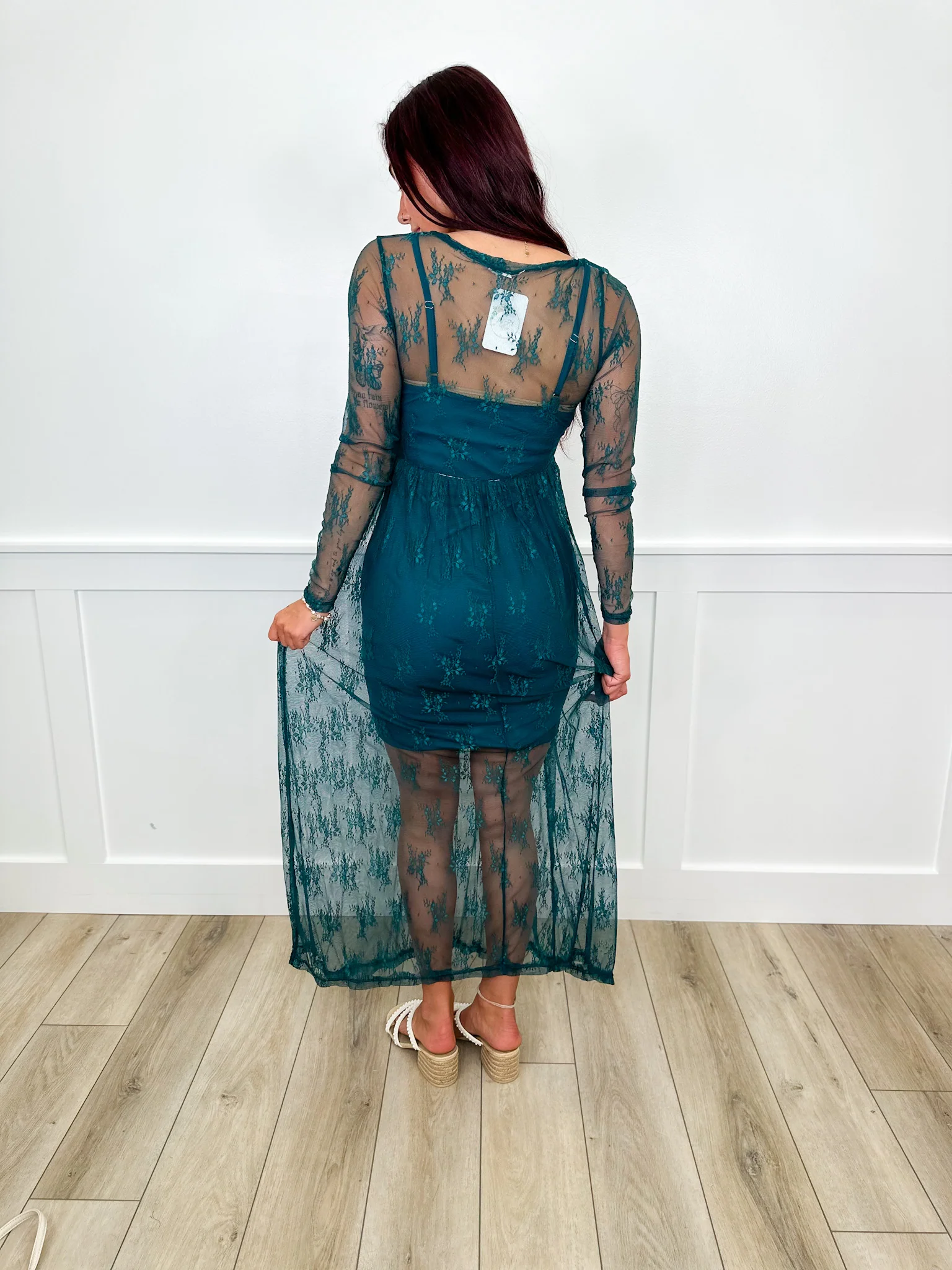 Can't Stop Me Sheer Mesh Long Sleeve Teal Green Avery Mae Dress - Image 3