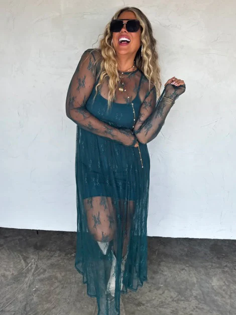 Can't Stop Me Sheer Mesh Long Sleeve Teal Green Avery Mae Dress - Image 5