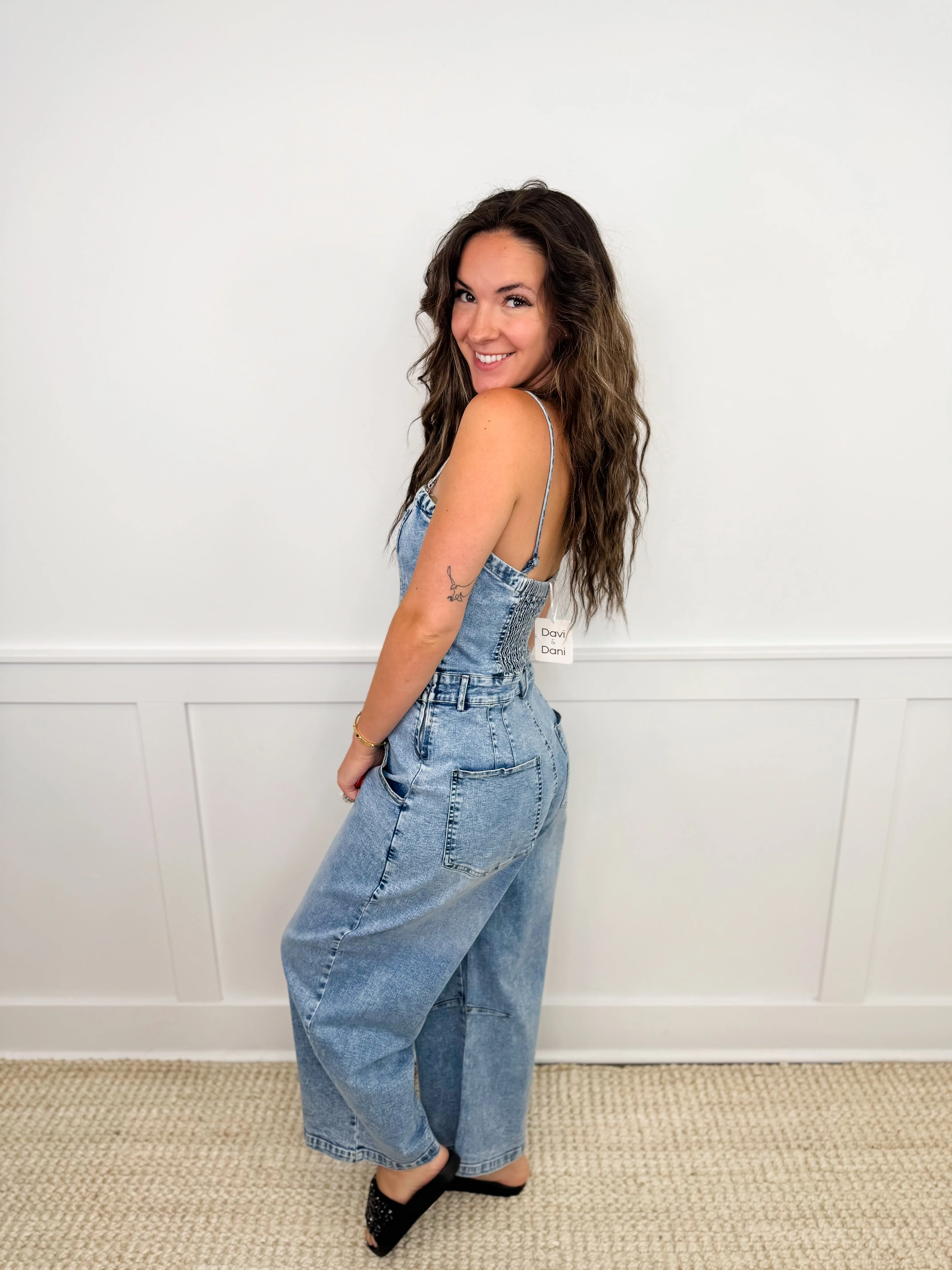 Chasing Happiness Cotton Blend Barrel Leg Medium Wash Avery Mae Overalls - Image 2