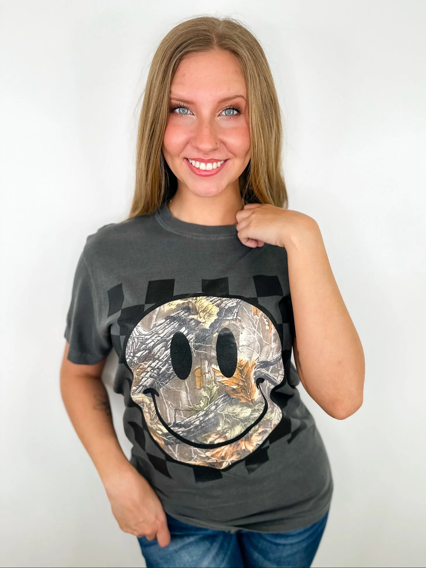Checked Happy Cotton Short Sleeve Charcoal Avery Mae Graphic Tee Shirt