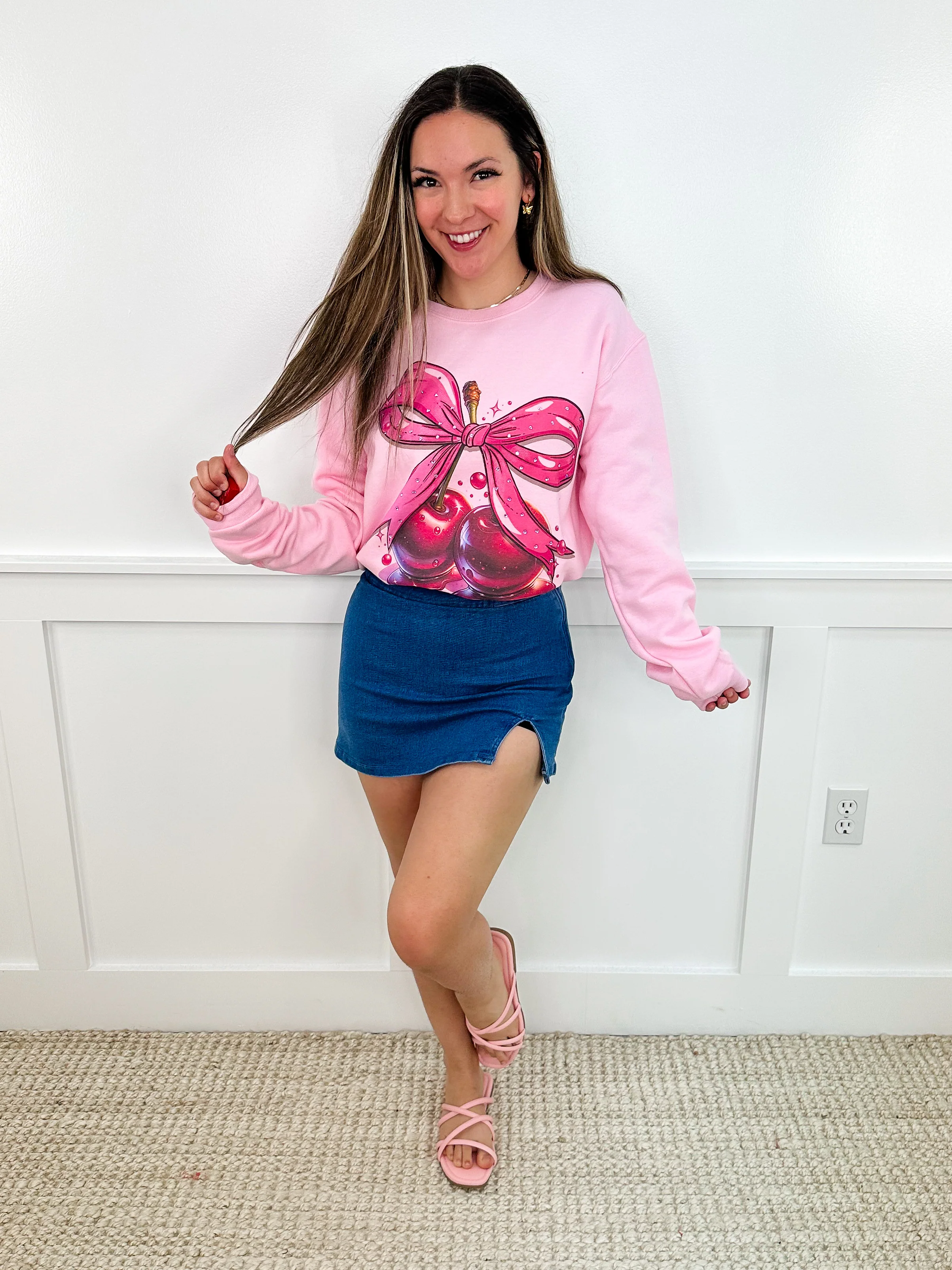 Cherry Bling Cotton Blend Long Sleeve Pink Avery Mae Graphic Crewneck Sweatshirt - Image 2