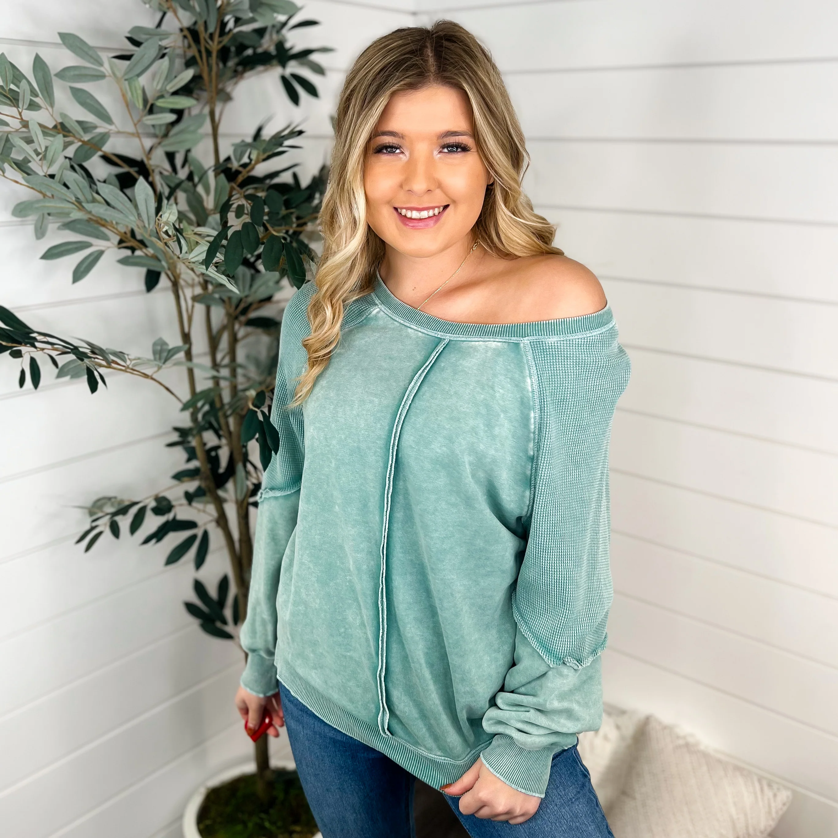 Coming Back Cotton Blend Long Sleeve Aqua Avery Mae Top