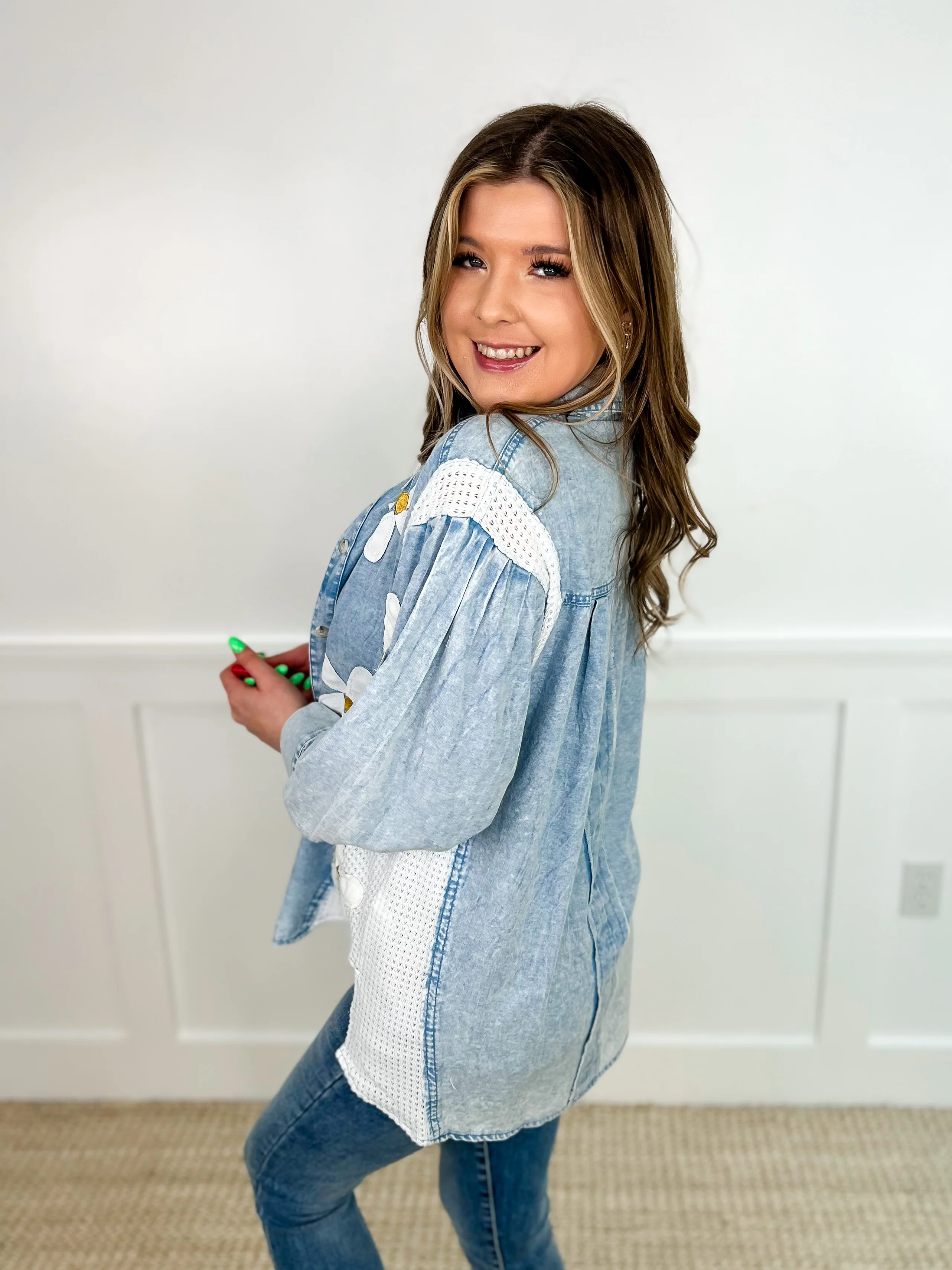 Confidence is Key Cotton Blend Long Sleeve Denim Avery Mae Button Up Top - Image 2