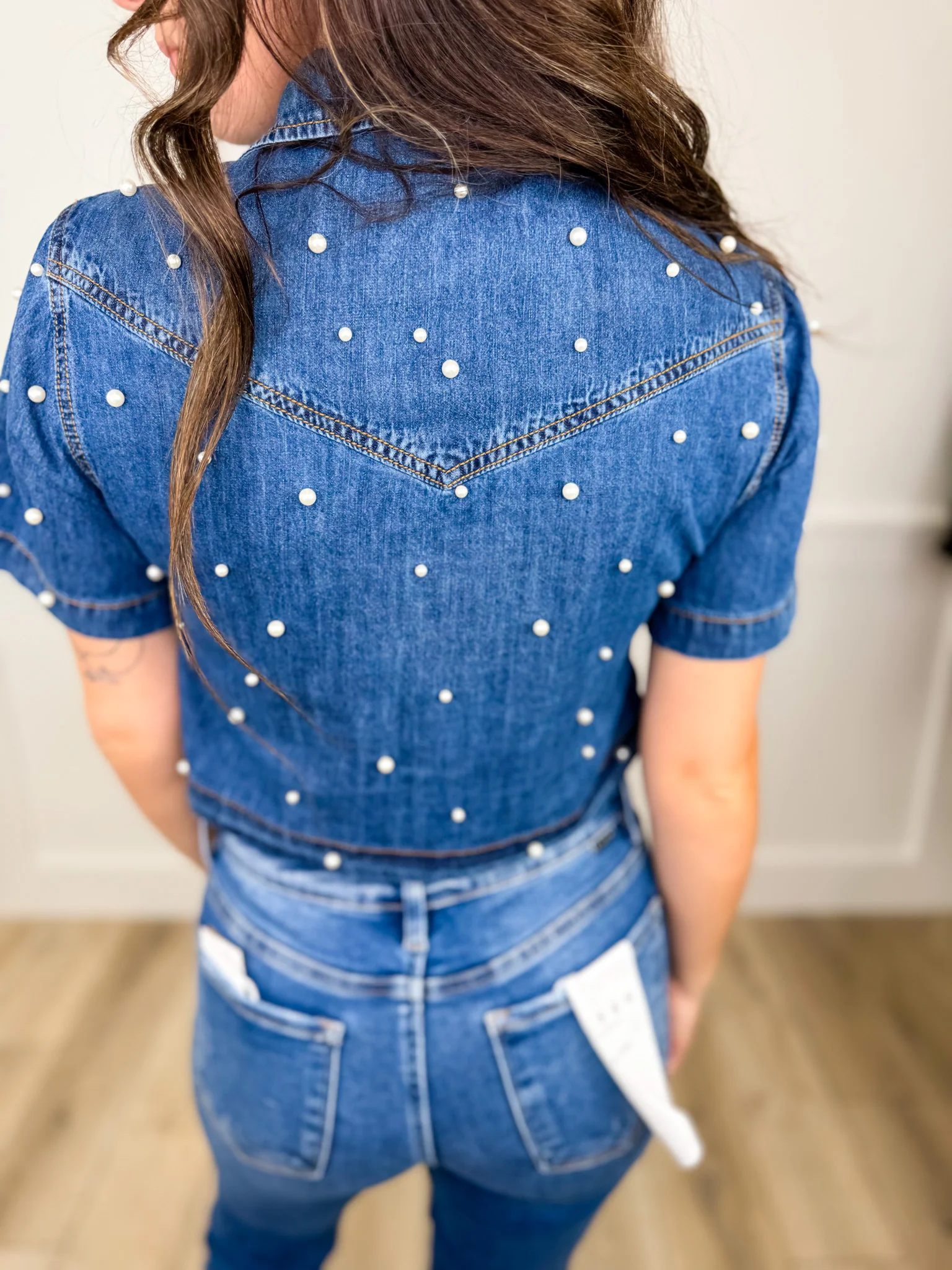 Constantly Amazed Cotton Short Sleeve Denim Avery Mae Cropped Button Up Top - Image 2