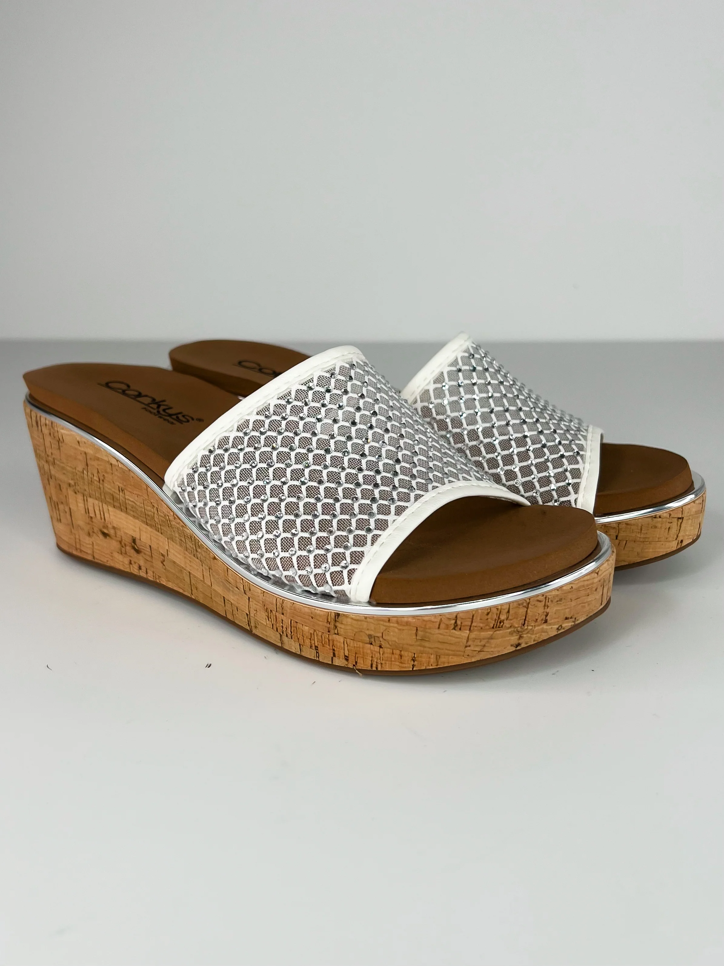 Corkys Look at That Shine Embellished White Wedges