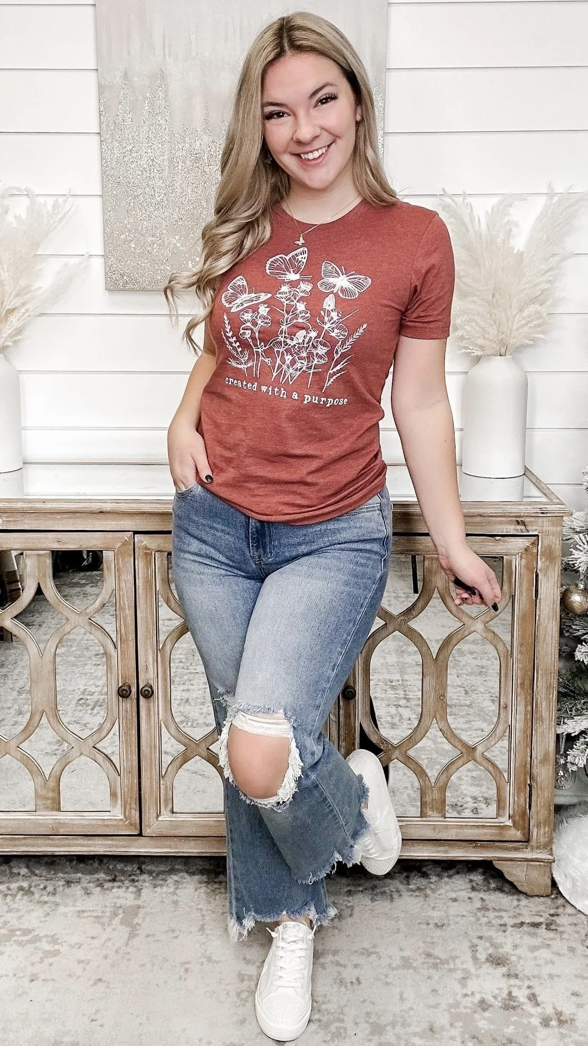 Created with a Purpose Butterfly Cotton Blend Short Sleeve Graphic Tee Shirt - Image 2