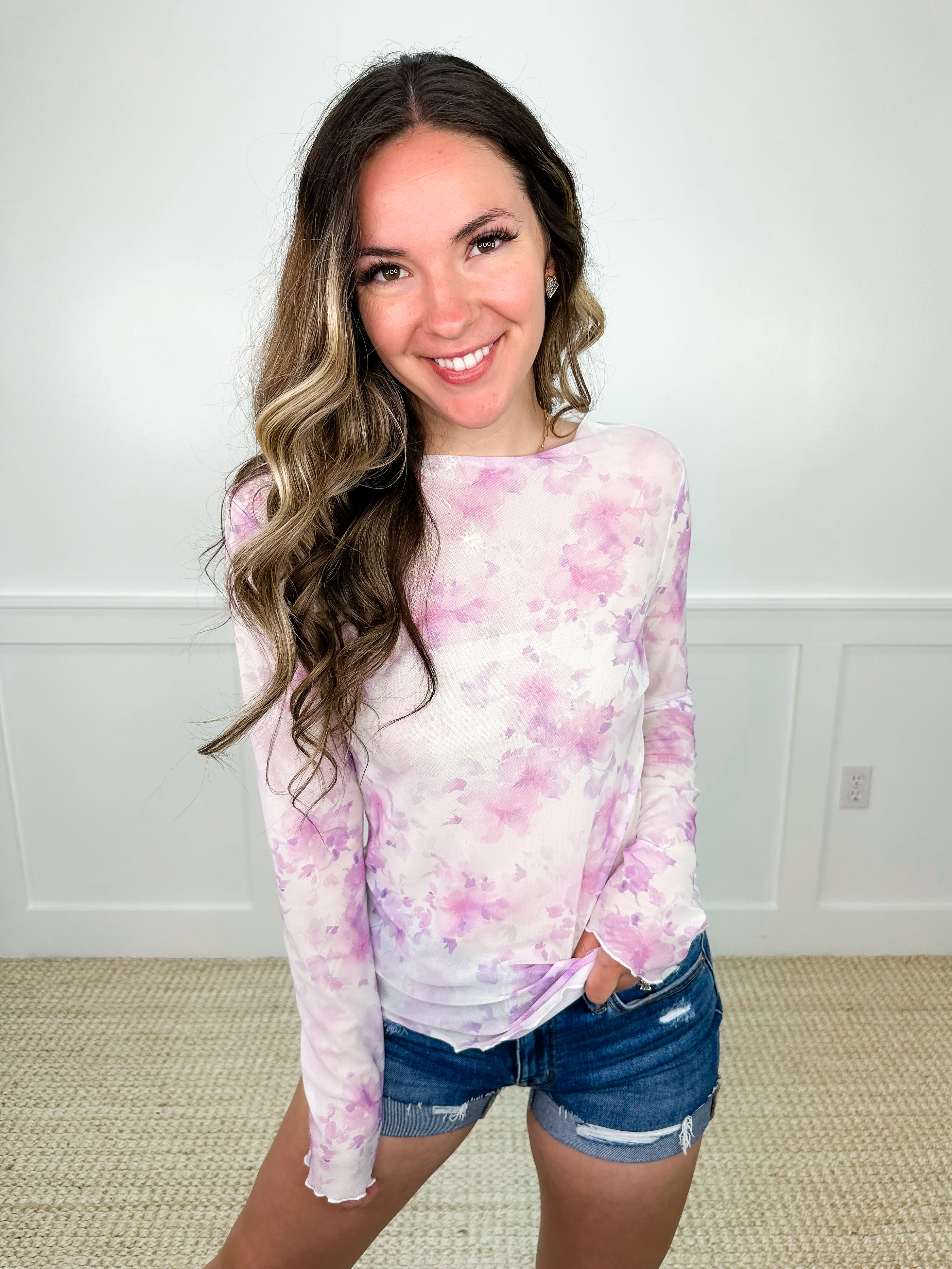 Dancing Through Flower Fields Sheer Mesh Long Sleeve White Avery Mae Top