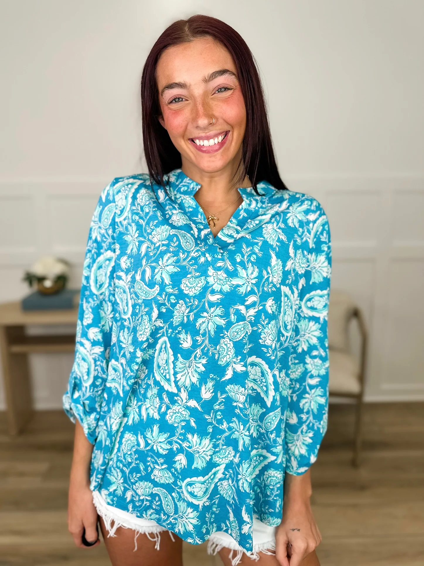 Dear Scarlett Art in Motion Wrinkle-Free 3/4 Sleeve Blue Gabby Top