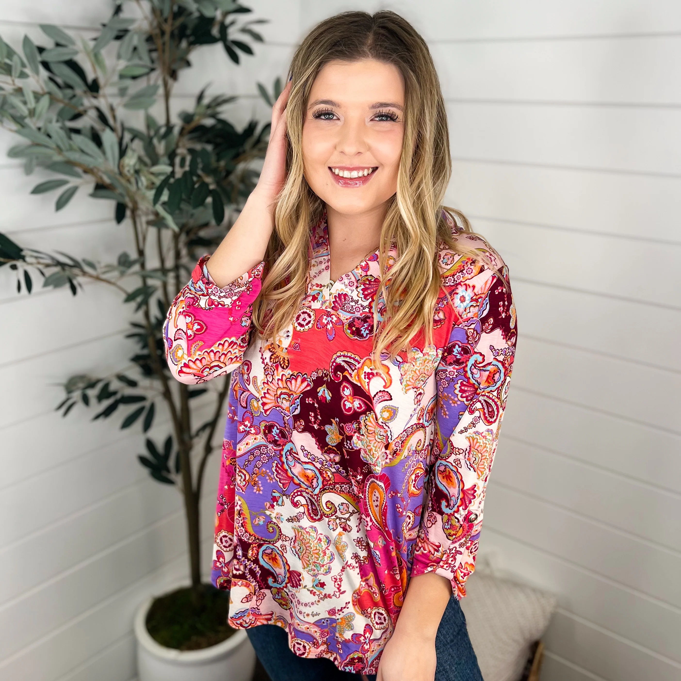 Dear Scarlett Make a Change Wrinkle-Free 3/4 Sleeve Multi Gabby Top