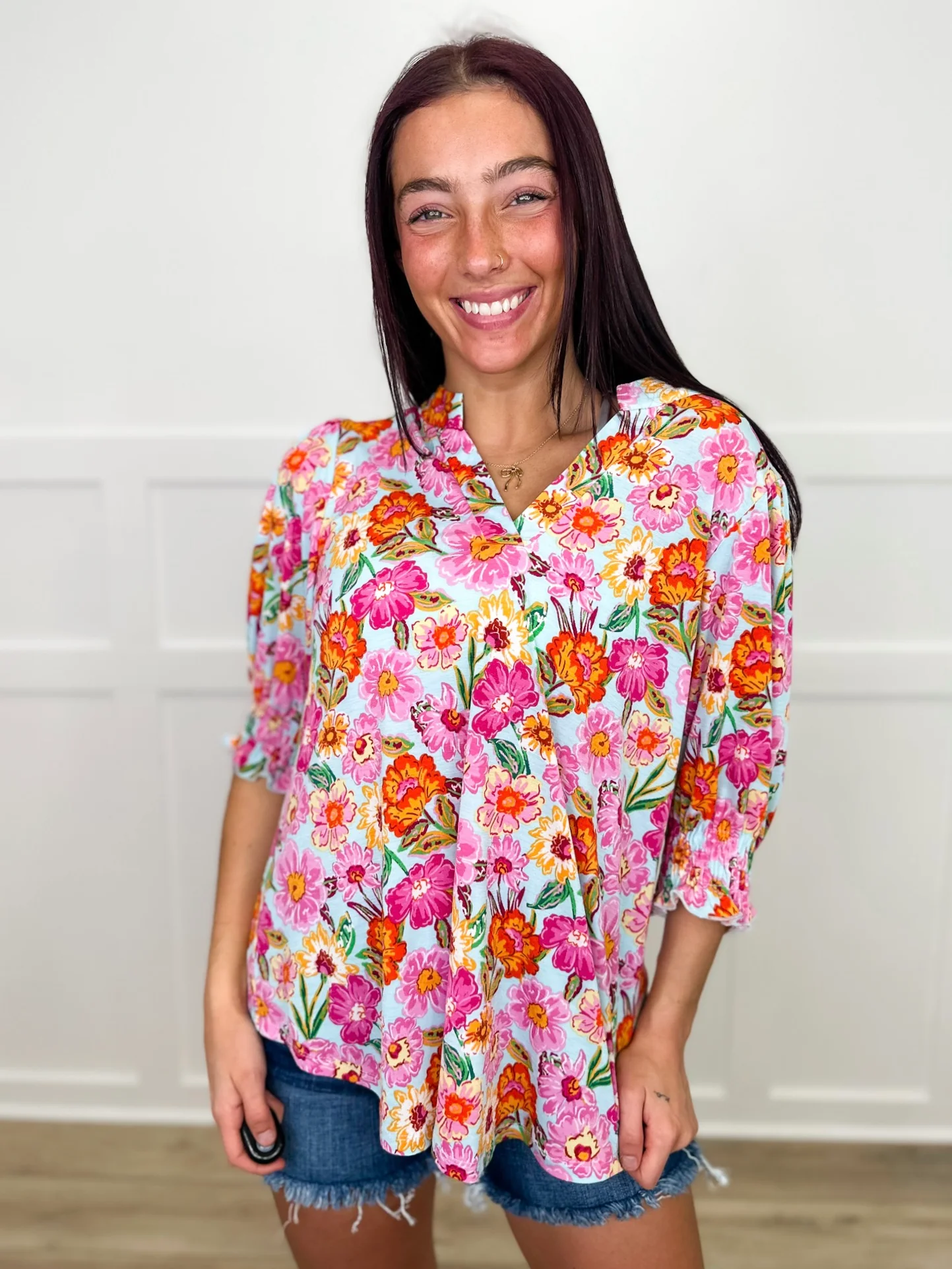 Dear Scarlett Show Me How Wrinkle-Free 3/4 Sleeve Blue Top