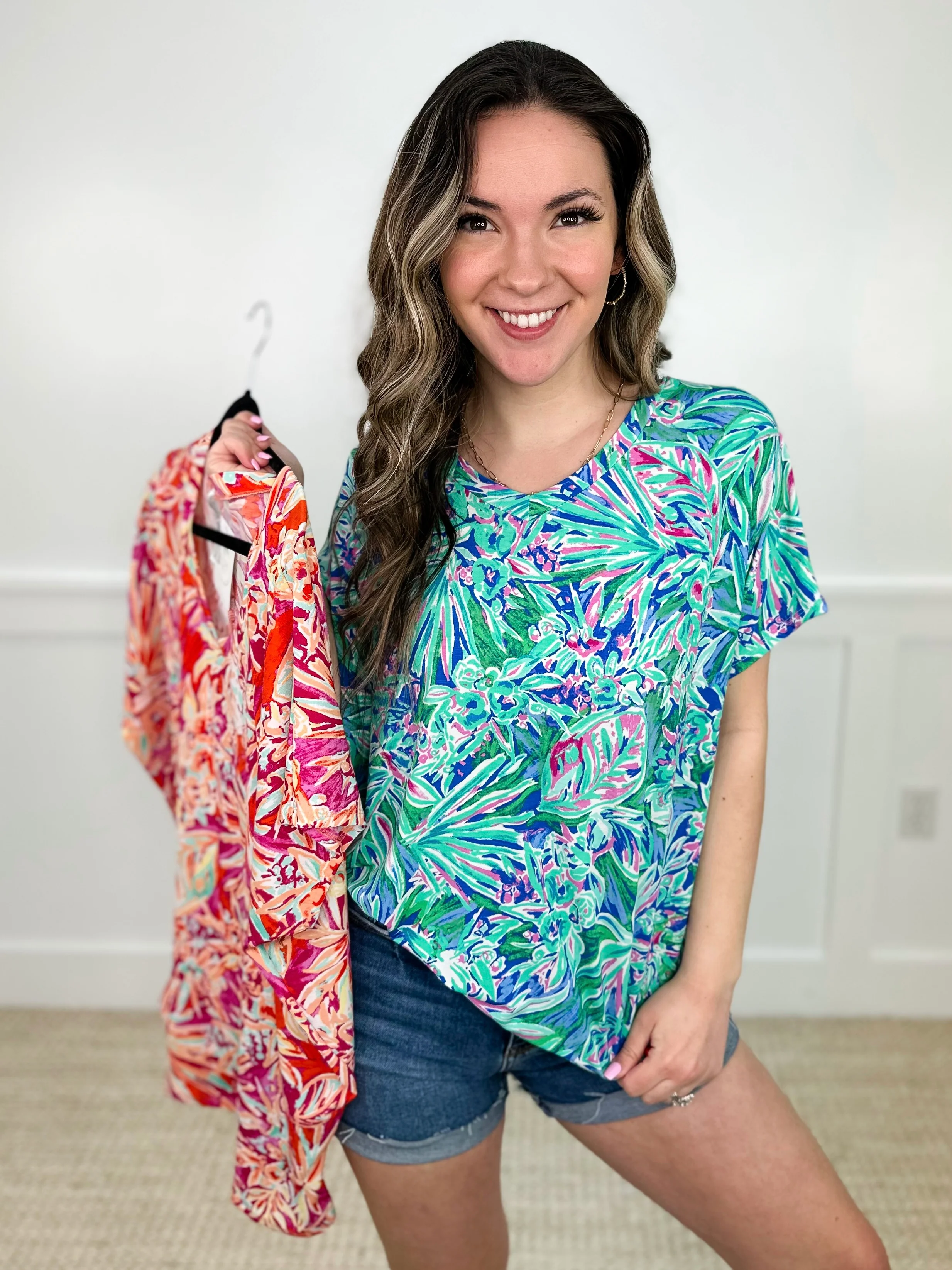 Dear Scarlett Tropical Floral Brightness Wrinkle-Free Short Sleeve Top - 2 colors!
