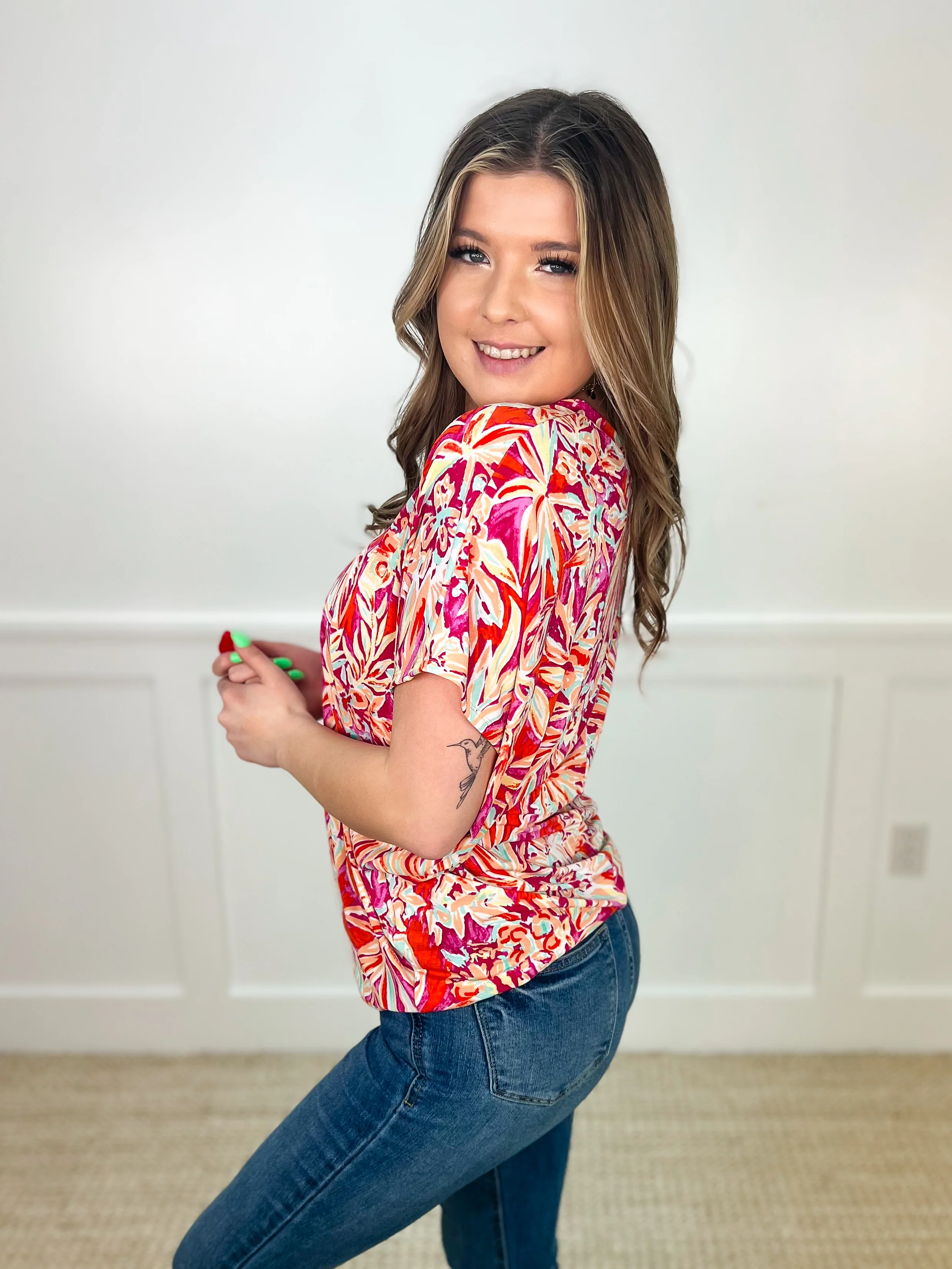 Dear Scarlett Tropical Floral Brightness Wrinkle-Free Short Sleeve Top - 2 colors! - Image 4