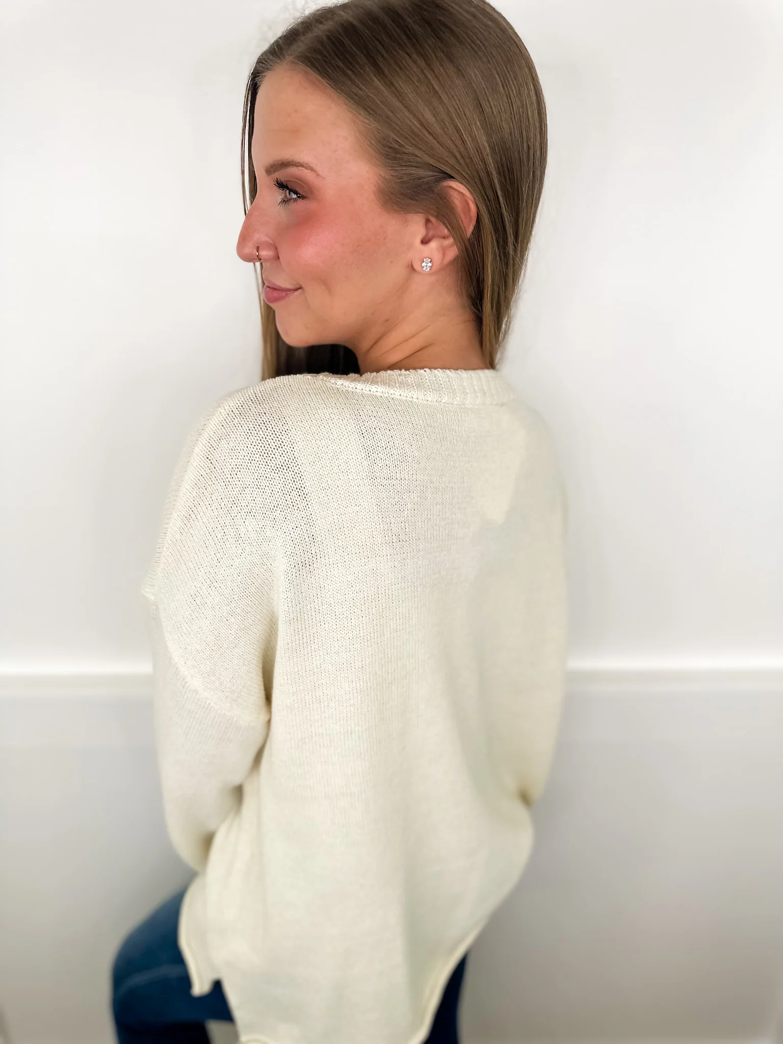 Details Are Everything Cotton Blend Long Sleeve Ivory Avery Mae Sweater Top - Image 2