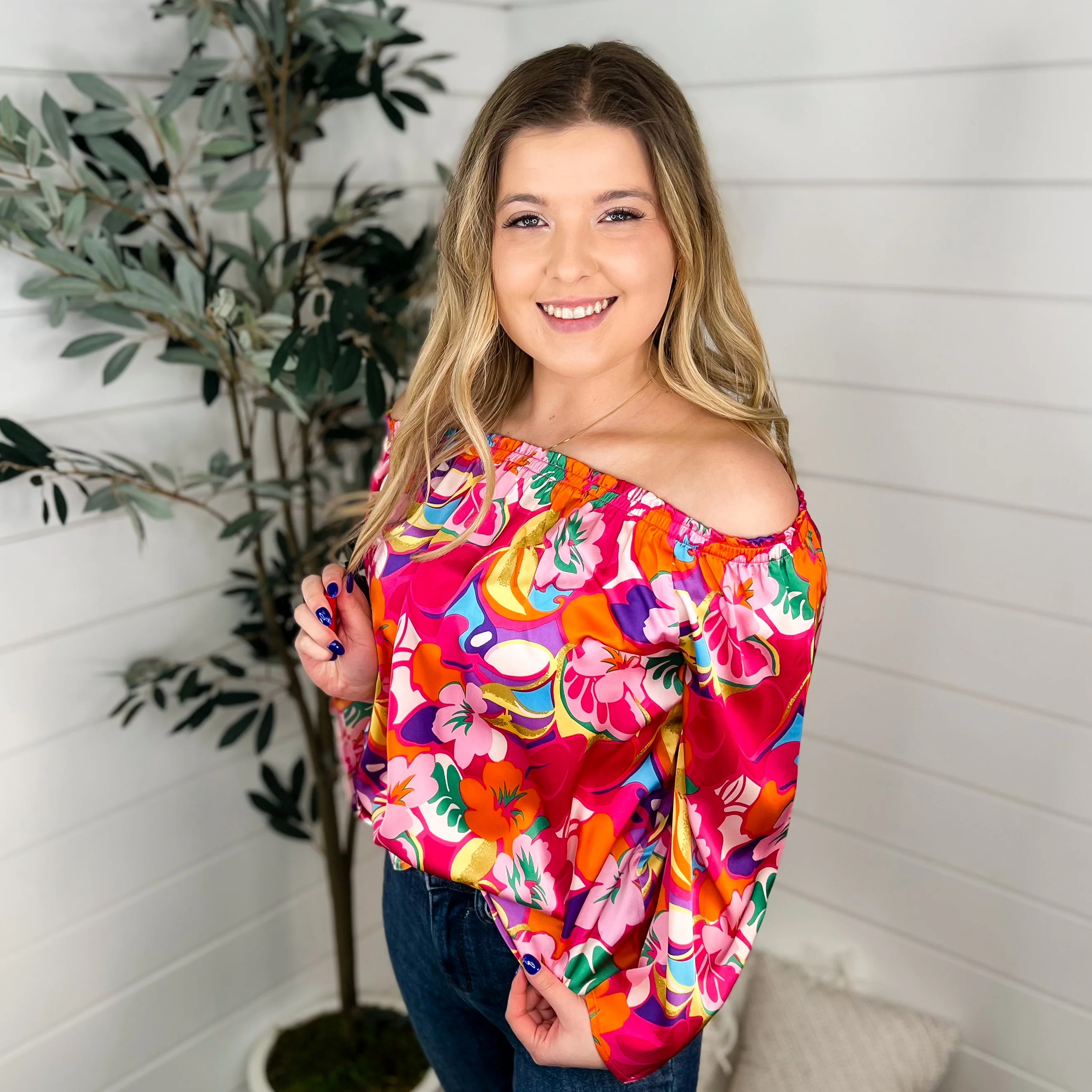 Disco Diva Satin Long Sleeve Floral Avery Mae Top