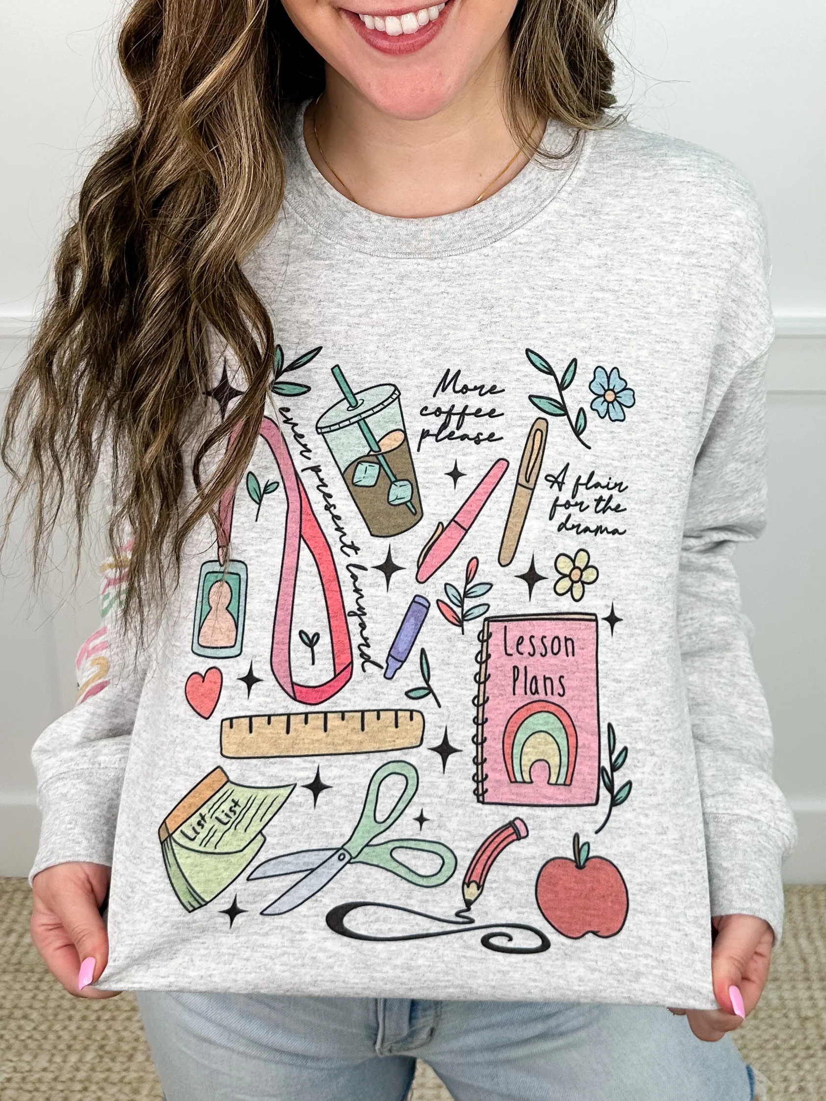 Doing Teacher Stuff Cotton Blend Long Sleeve Grey Avery Mae Graphic Crewneck Sweatshirt - Image 3