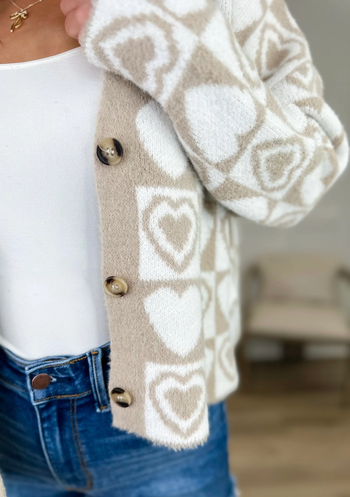 Drawn to You Knit Long Sleeve Tan Avery Mae Mom Cropped Button Up Cardigan - Image 3
