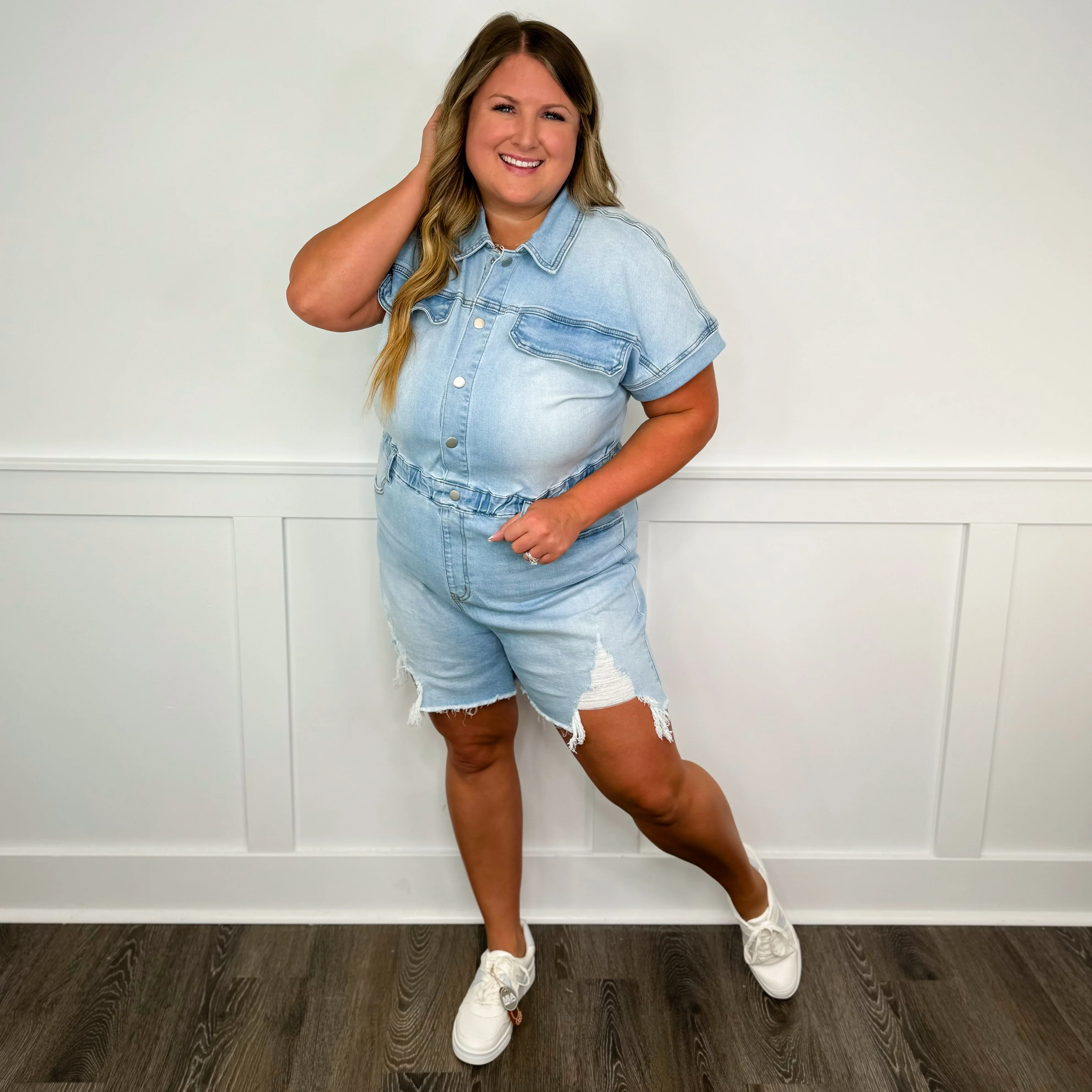 Dreams You See Cotton Blend Short Sleeve Denim Avery Mae Romper