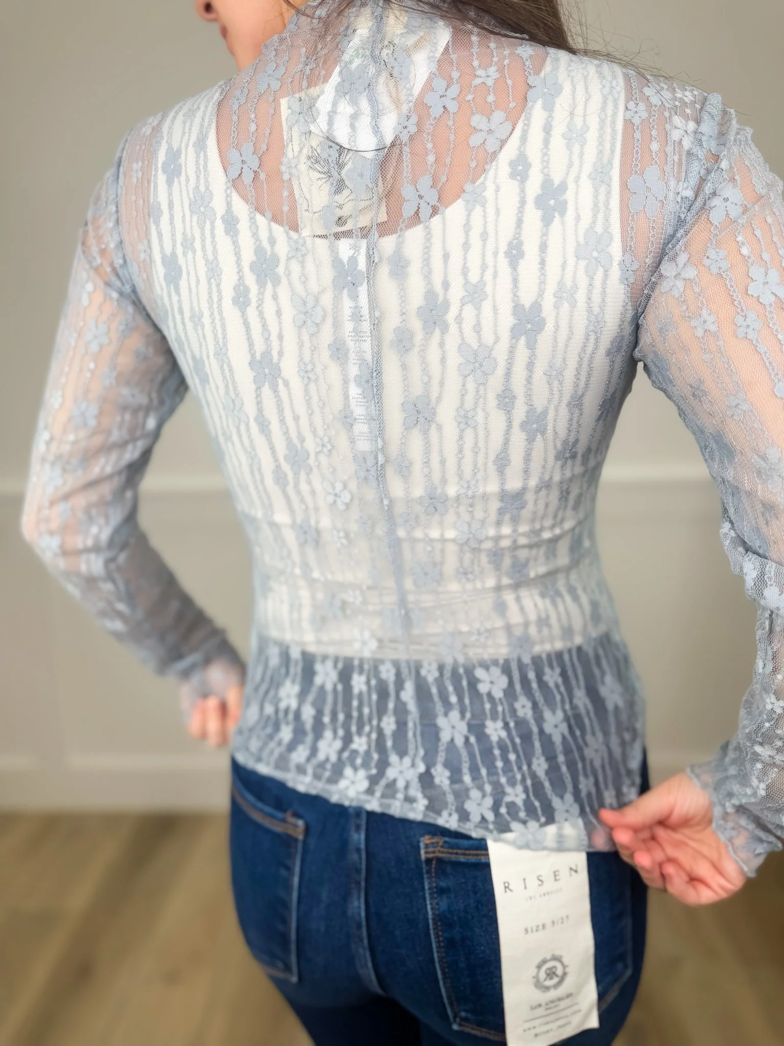 Easel Bringing the Drama Sheer Mesh Long Sleeve Blue Top - Image 2