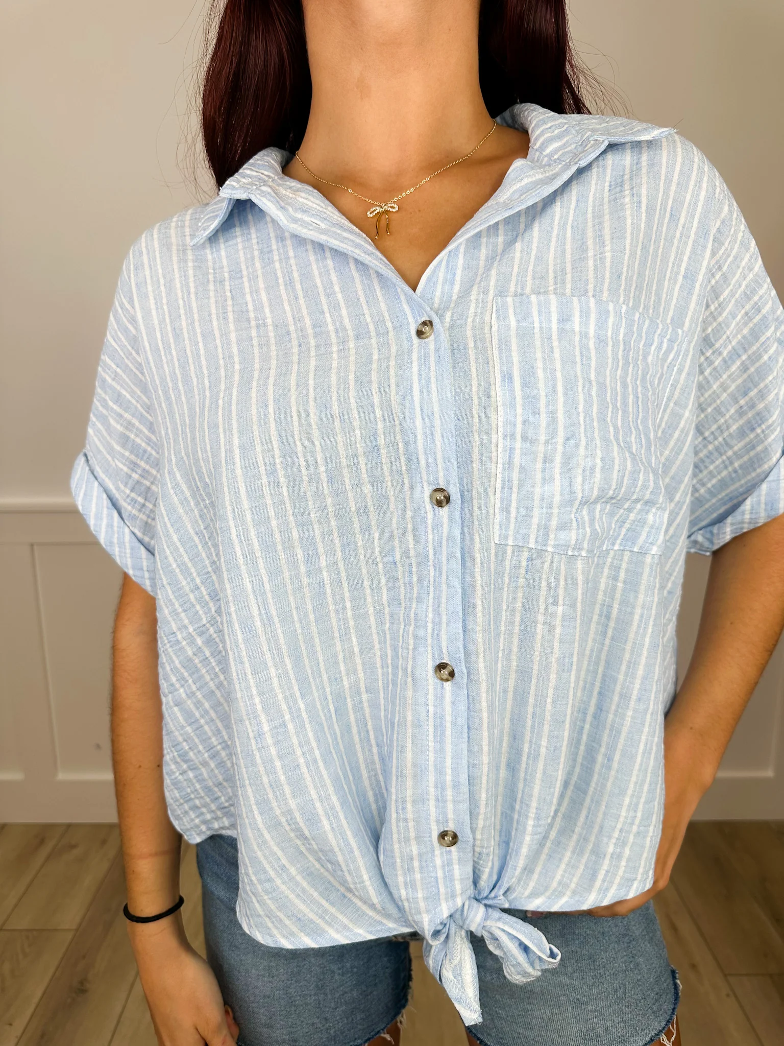 Easel Float & Flare Short Sleeve Stripped Avery Mae Mom Cropped Top - 3 colors! - Image 2