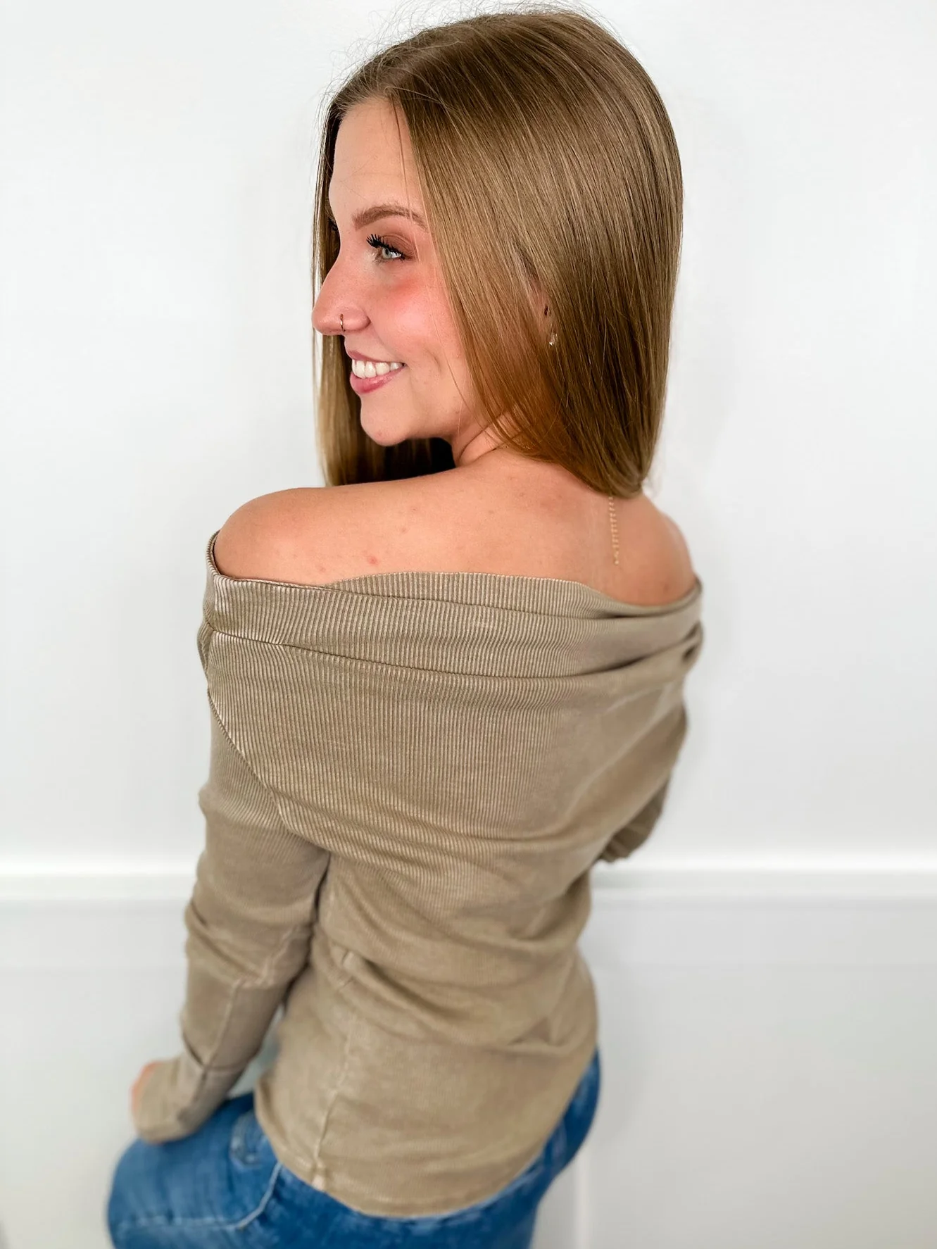 Easel Nothing Like it Cotton Blend Long Sleeve Taupe Top - Image 2