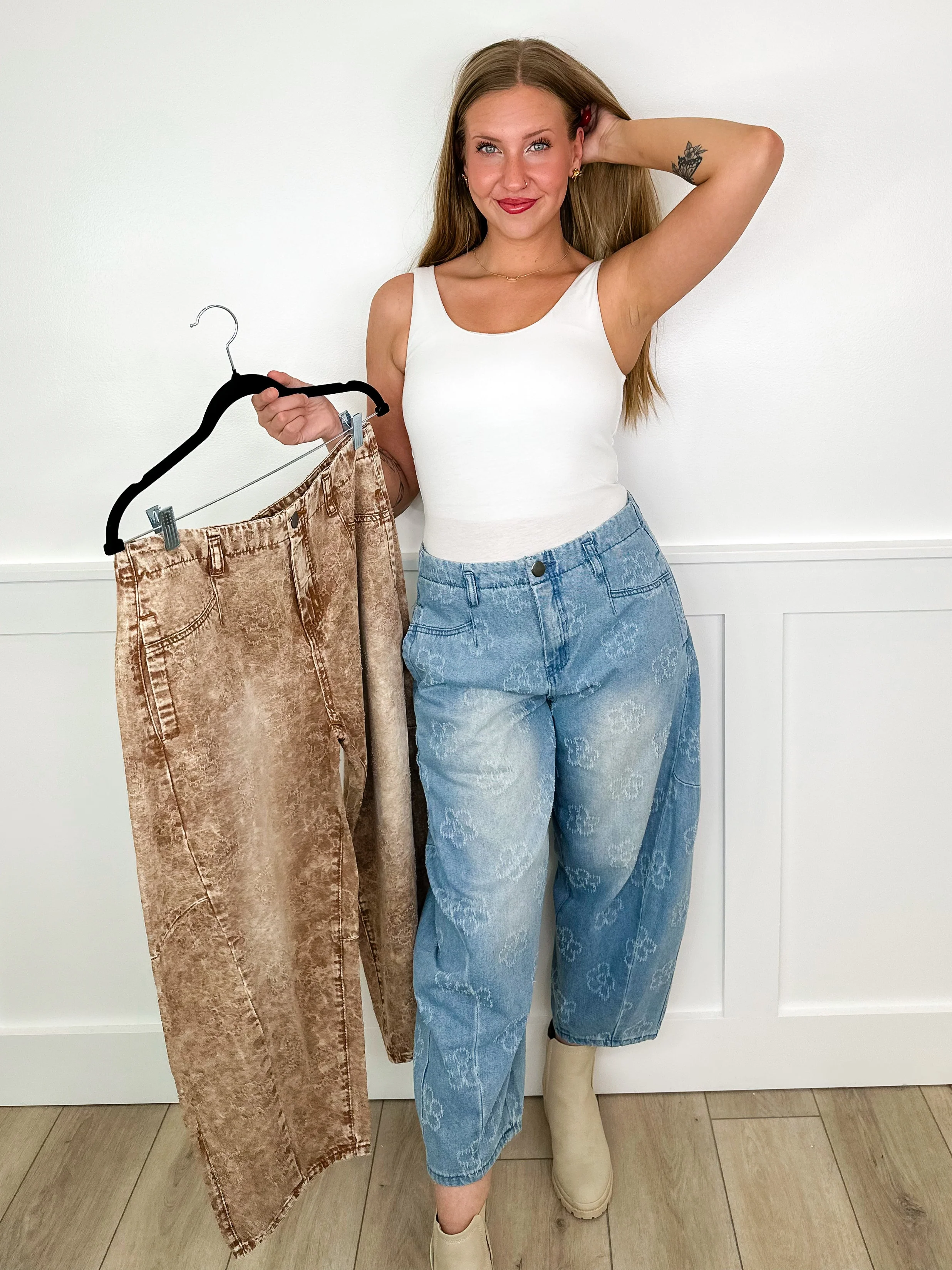 Easel Pushing Petals High-Rise Cotton Barrel Leg Bottoms - 2 colors!