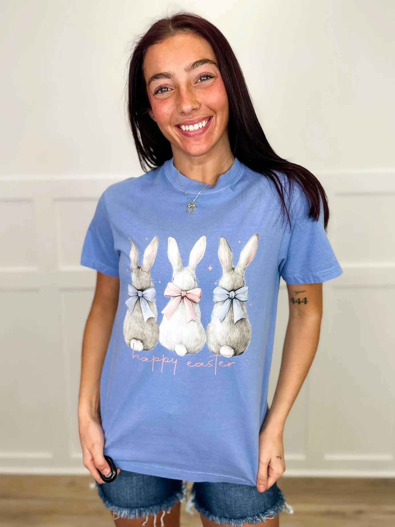 Easter Wishes Cotton Short Sleeve Blue Avery Mae Graphic Tee Shirt (Comfort Colors)