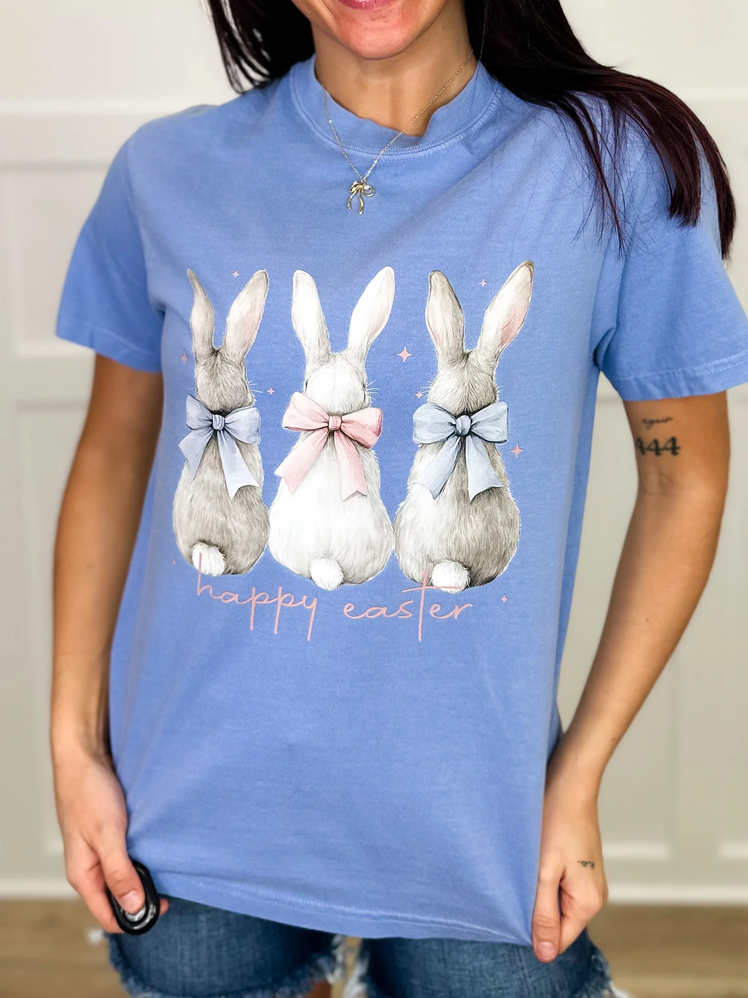 Easter Wishes Cotton Short Sleeve Blue Avery Mae Graphic Tee Shirt (Comfort Colors) - Image 2