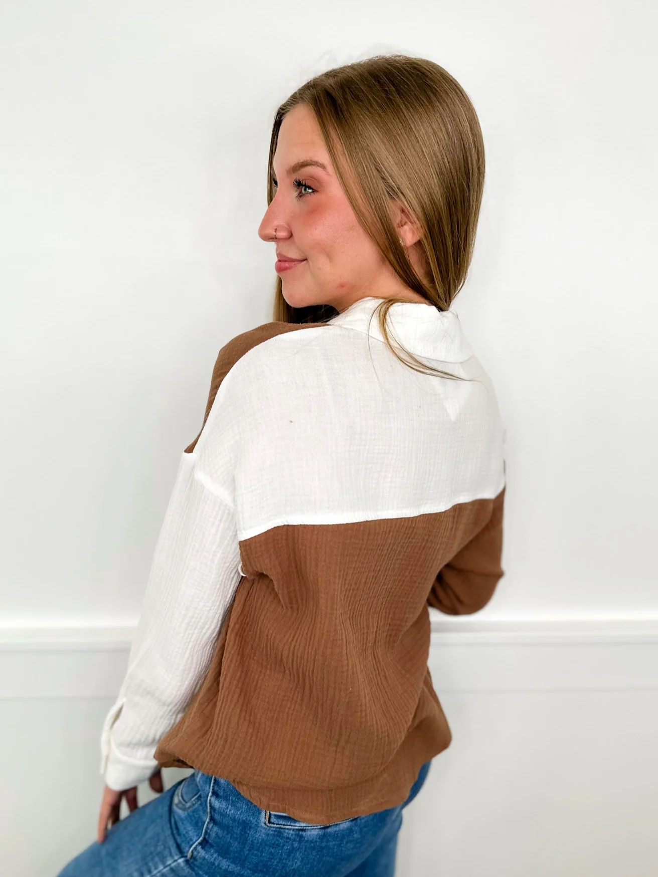 Easy Days Cotton Long Sleeve Brown Avery Mae Button Up Top - Image 2
