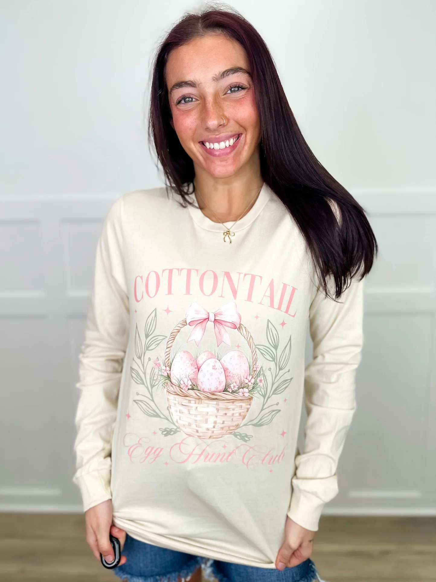 Egg Hunt Club Cotton Long Sleeve Cream Avery Mae Graphic Tee Shirt (Bella+Canvas)