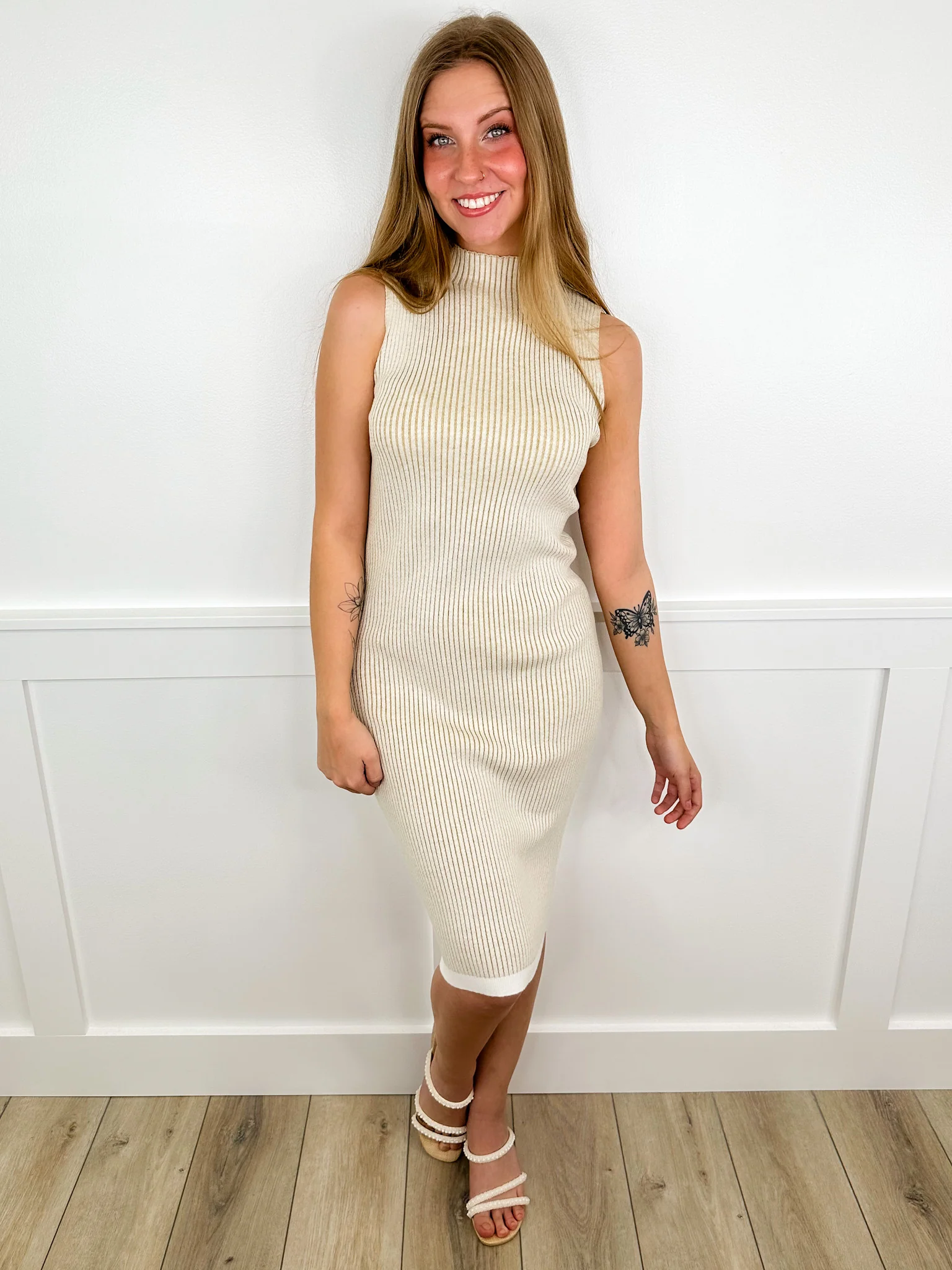 Elevated Looks Ribbed Oatmeal Avery Mae Midi Dress
