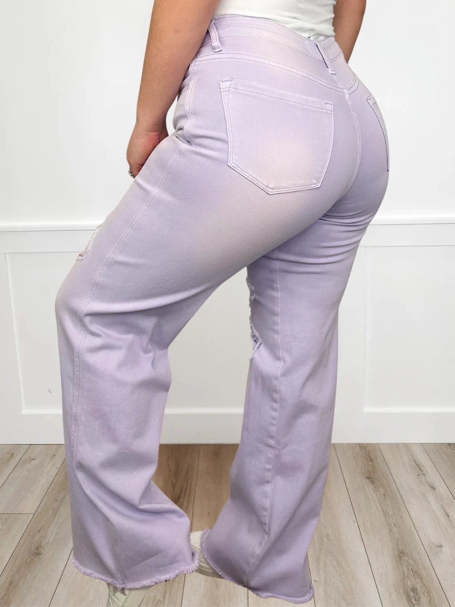 Ensley Distressed High-Rise Fray Hem Wide Leg Purple Jeans - Image 2